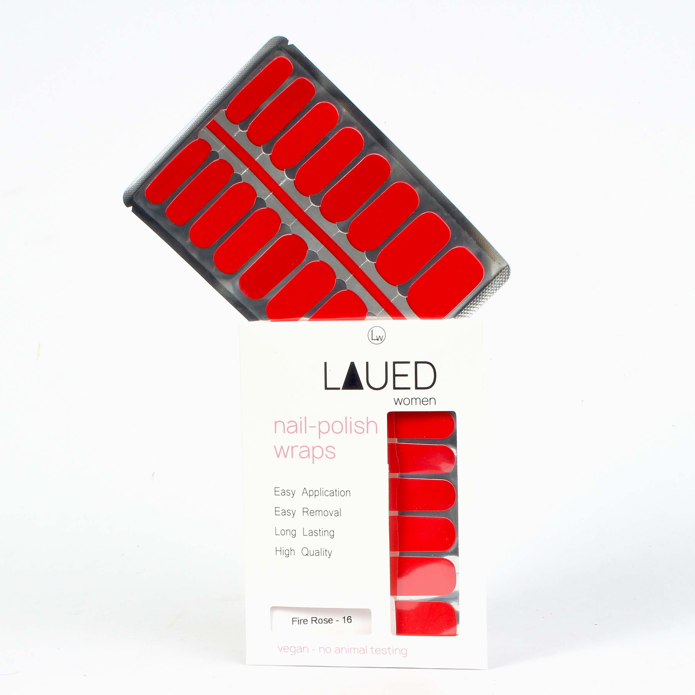 Laued nail wraps red fire rose packaging