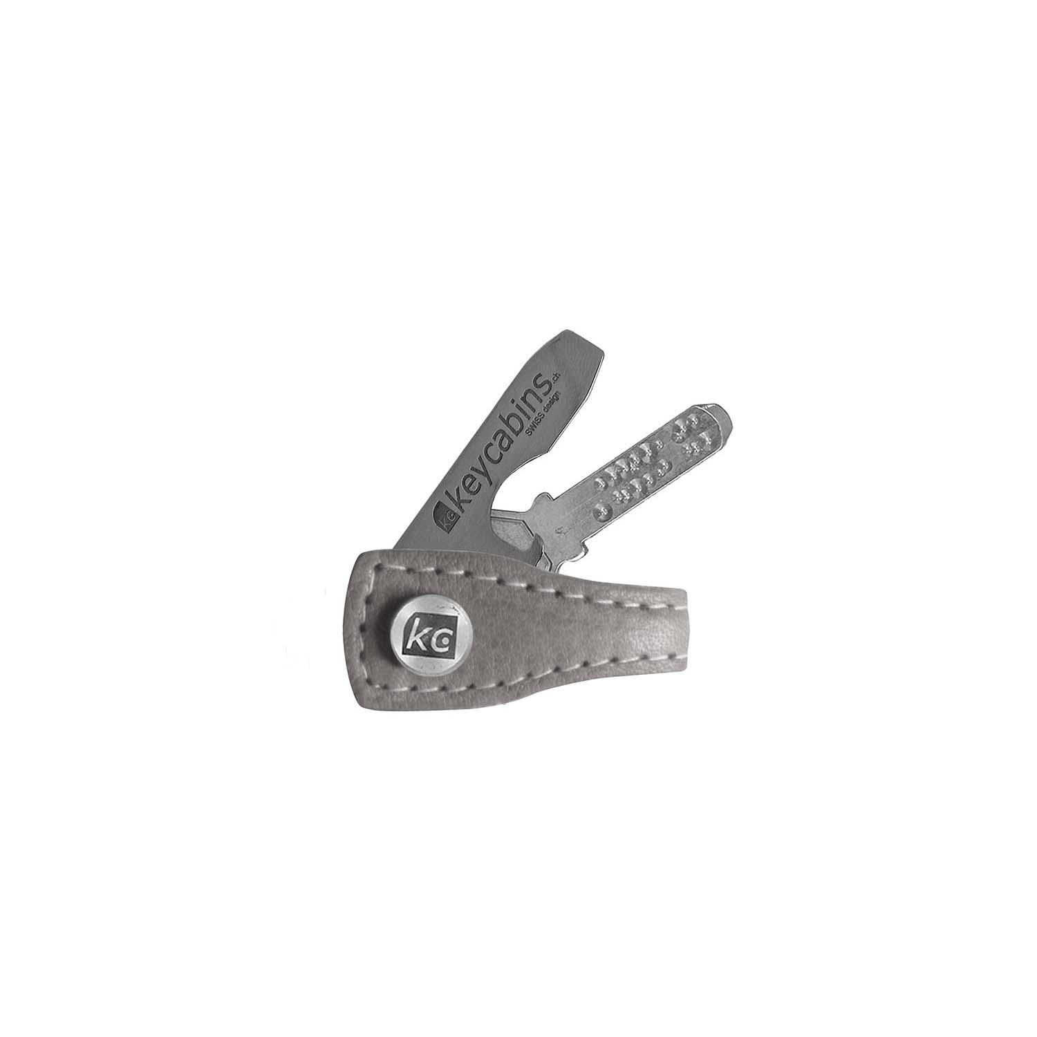 keycabins mini-Loop Leder S1 grau, Vorderseite, Schlüsselanhänger, Schlüsselhalter, Schlüsselorganisierer, Flaschenöffner, Edelstahl, swiss made, upcycling, Nachhaltigkeit