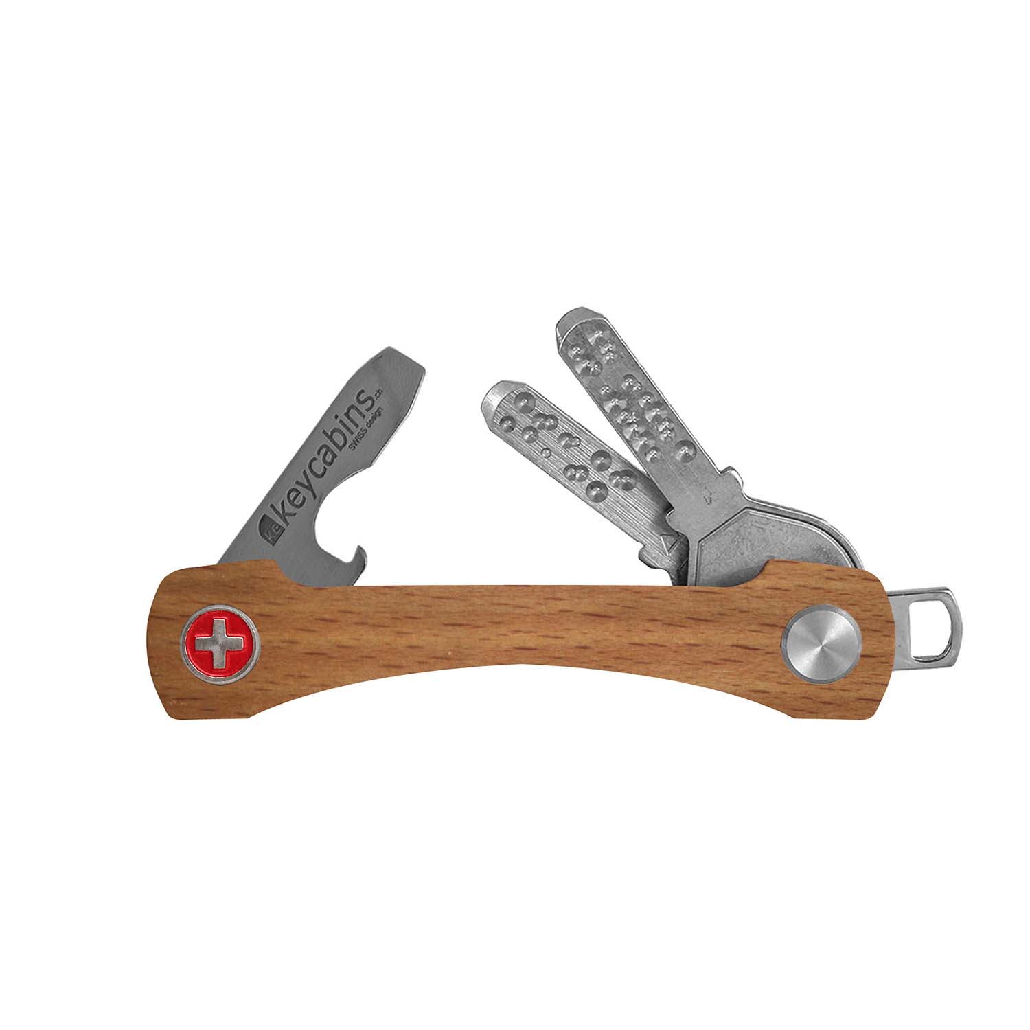 keycabins wood S2 beech, front, Swiss cross, keychain, key holder, key organizer, bottle opener, stainless steel, swiss made, upcycling, sustainability