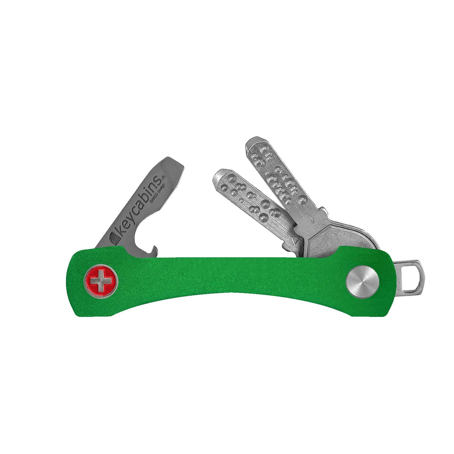 keycabins Aluminium S2 light green, front with Swiss cross, key ring, key holder, key organizer, bottle opener, stainless steel, swiss made, upcycling, sustainability