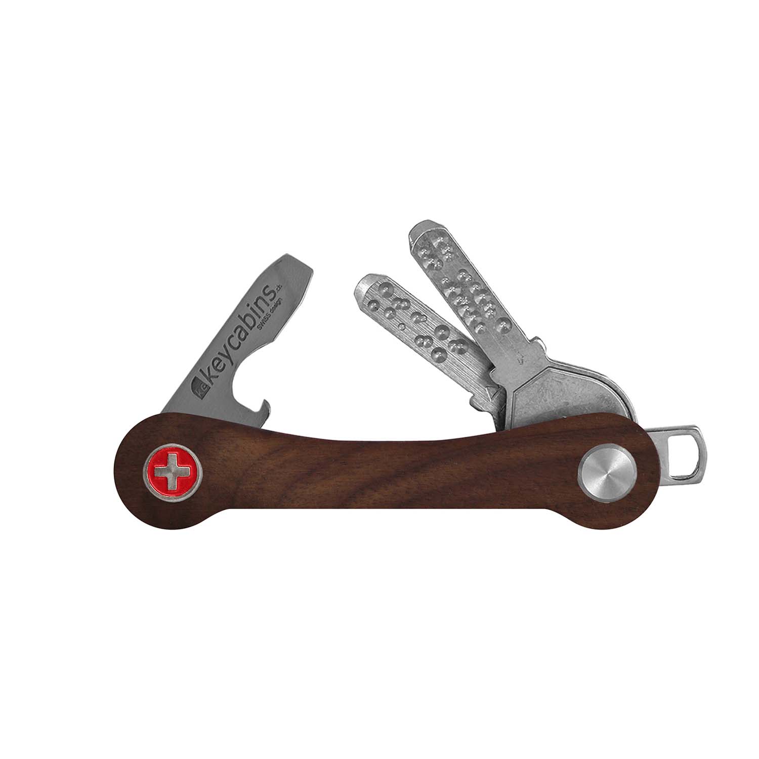 keycabins wood S1 walnut, Swiss cross, front, key ring, key holder, key organizer, bottle opener, stainless steel, swiss made, upcycling, sustainability