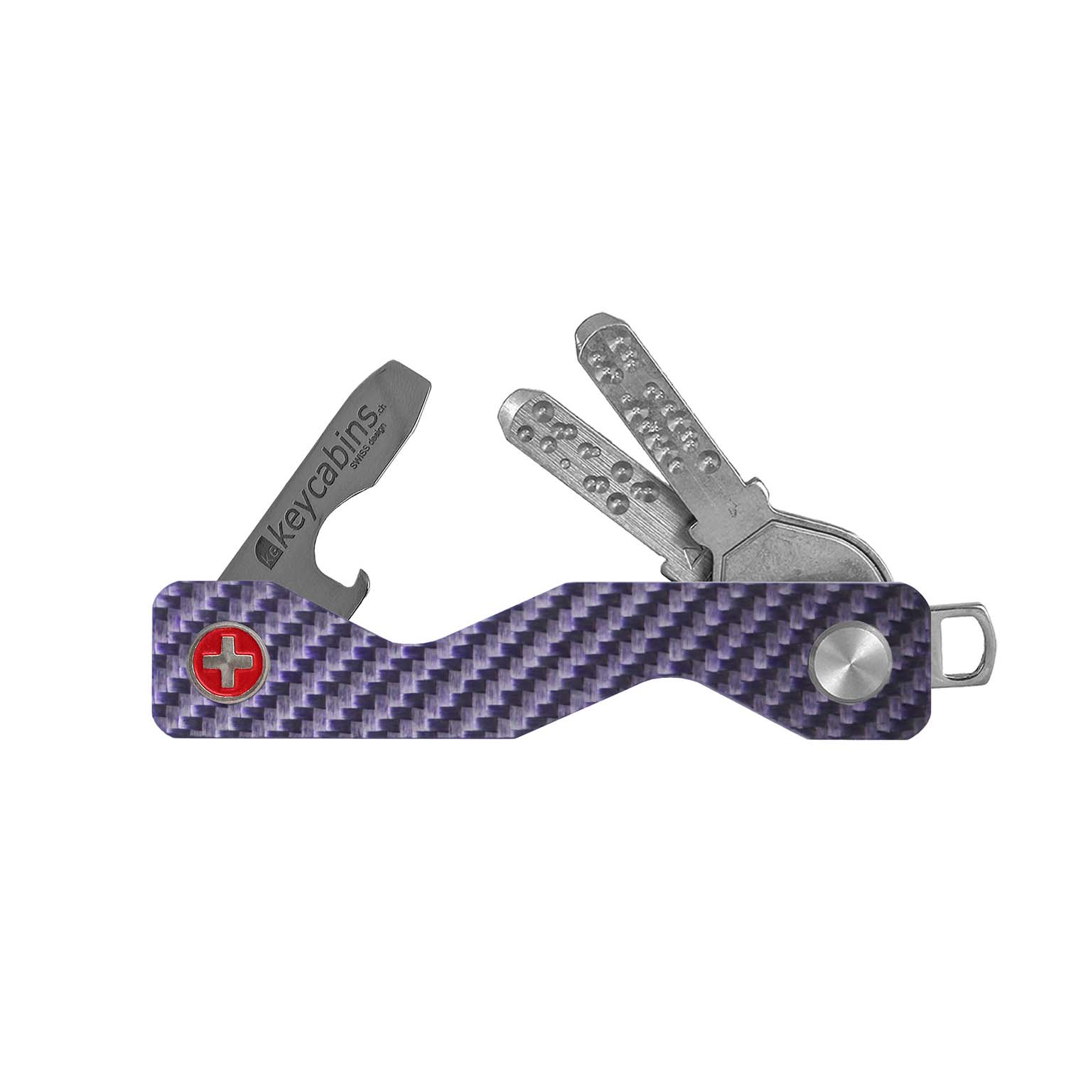 keycabins Carbon S3 violet, Swiss cross, front, key chain, key holder, key organizer, bottle opener, stainless steel, swiss made, upcycling, sustainability