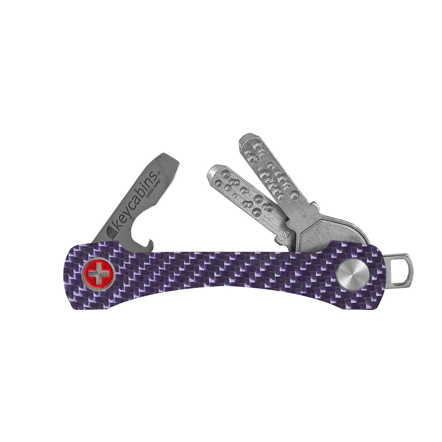 keycabins Carbon S2 violet, Swiss cross, front, key chain, key holder, key organizer, bottle opener, stainless steel, swiss made, upcycling, sustainability