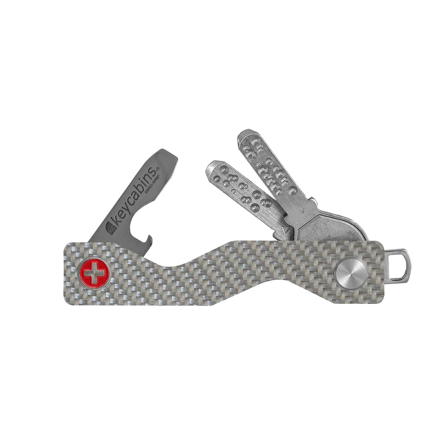 keycabins Carbon S3 silver, Swiss cross, front, key chain, key holder, key organizer, bottle opener, stainless steel, swiss made, upcycling, sustainability