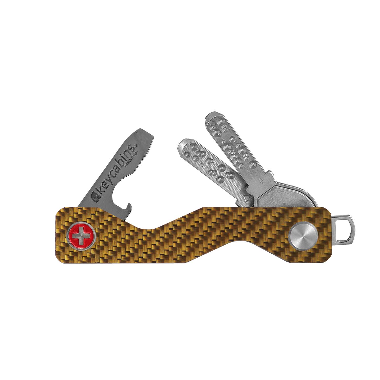 keycabins Carbon S3 gold, Swiss cross, front, key chain, key holder, key organizer, bottle opener, stainless steel, swiss made, upcycling, sustainability