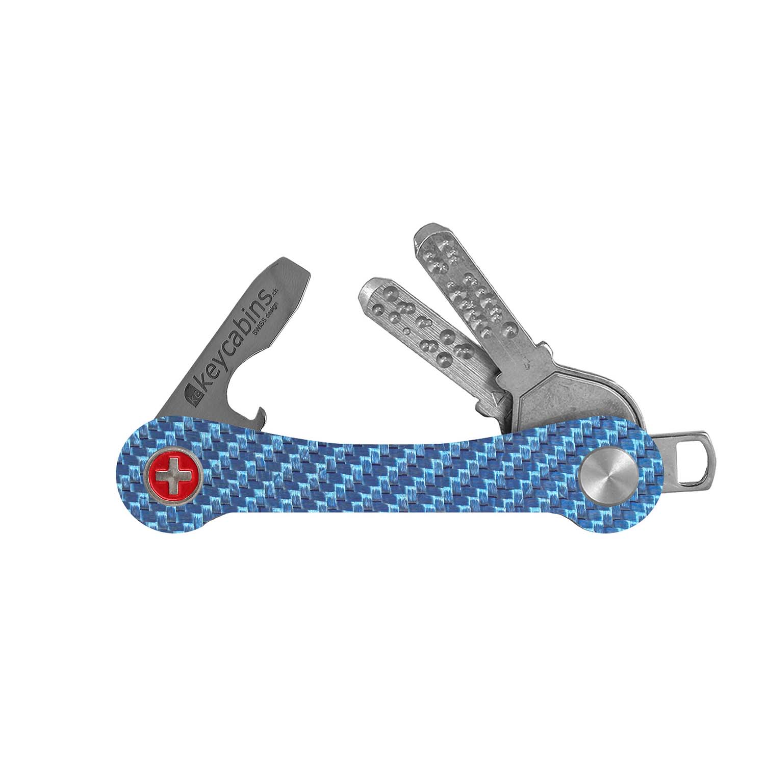 keycabins Carbon S1 blue, Swiss cross, front, key chain, key holder, key organizer, bottle opener, stainless steel, swiss made, upcycling, sustainability