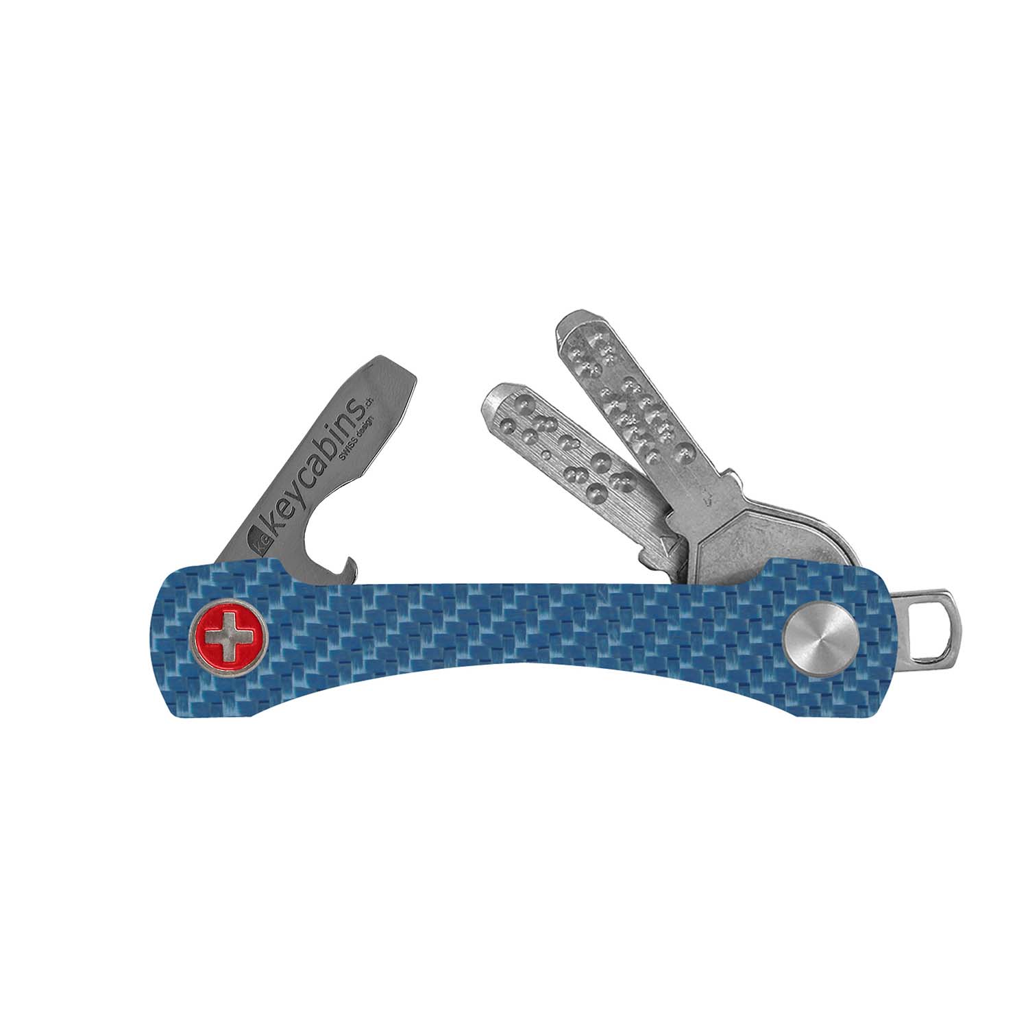 keycabins Carbon S2 blue, Swiss cross, front, key chain, key holder, key organizer, bottle opener, stainless steel, swiss made, upcycling, sustainability