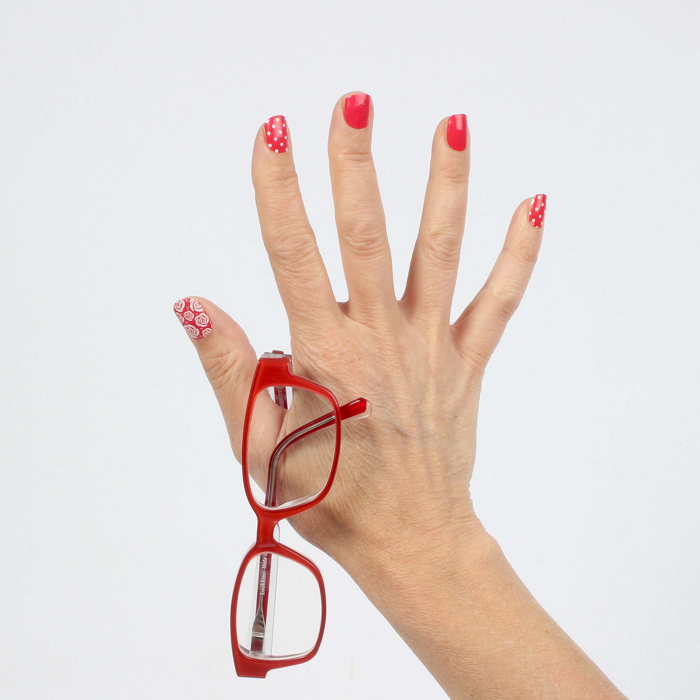 Laued fingernail wraps red lipstick kiss hand with glasses