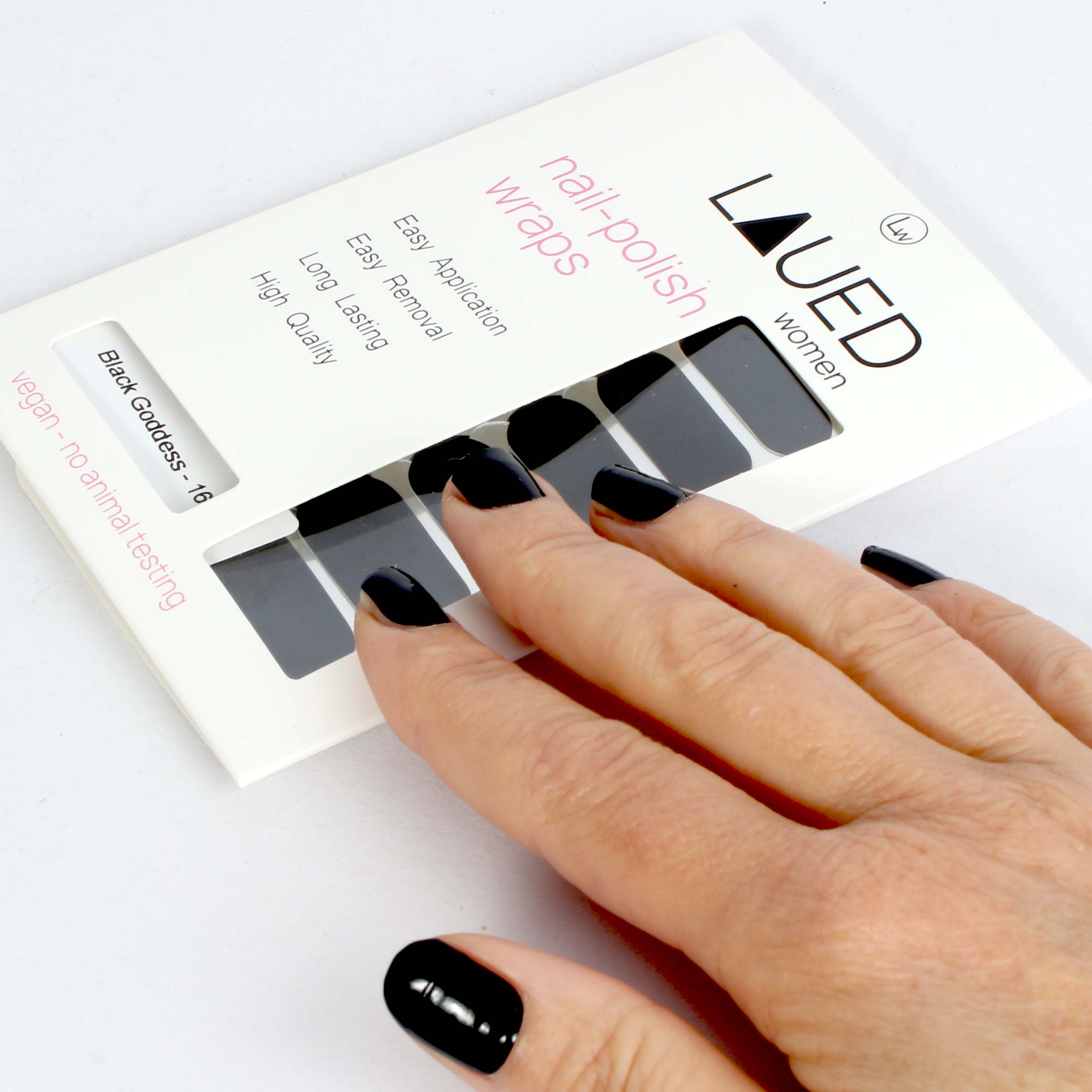 Laued nail wraps statement black goddess packaging