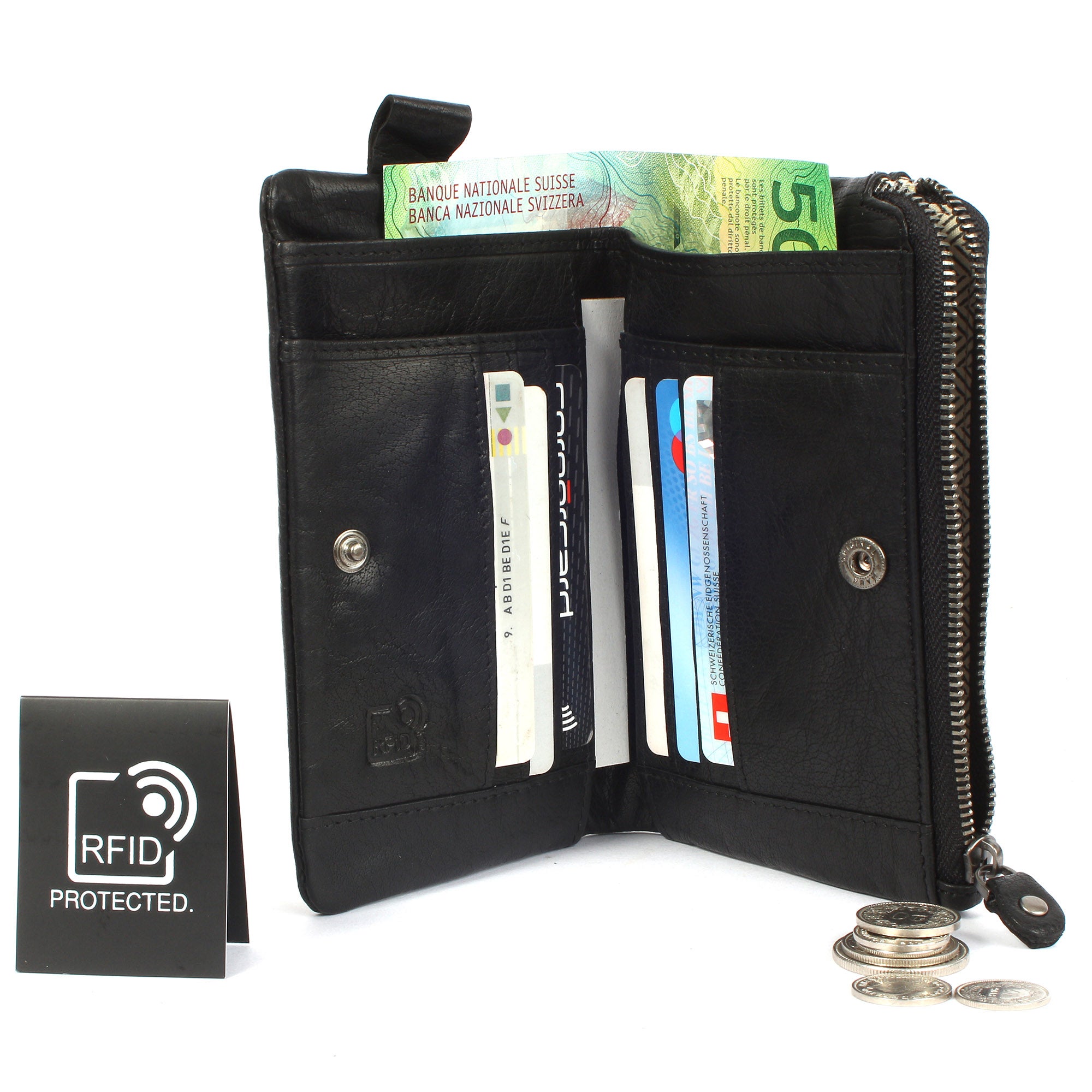 Margelisch Hamburg 2 nachhaltige RFID Lederbörse offen mit Karten und Noten