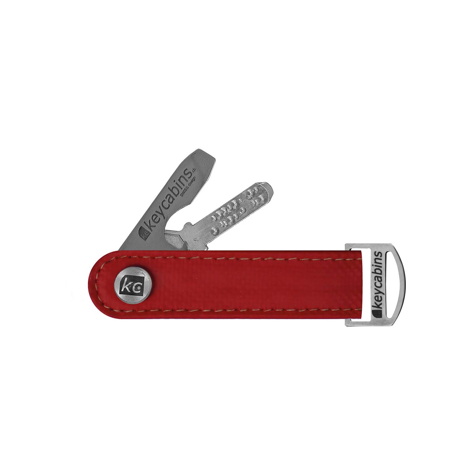 keycabins LKW Plane-Loop S1 red, front, tarpaulin, key chain, key holder, key organizer, bottle opener, stainless steel, swiss made, upcycling, sustainability