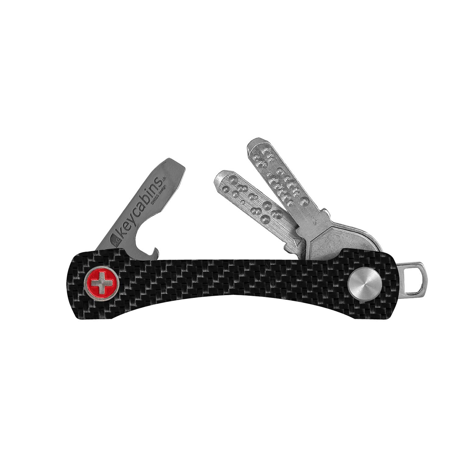 keycabins Carbon S2 black, front, Swiss cross, keychain, key holder, key organizer, bottle opener, stainless steel, swiss made, upcycling, sustainability