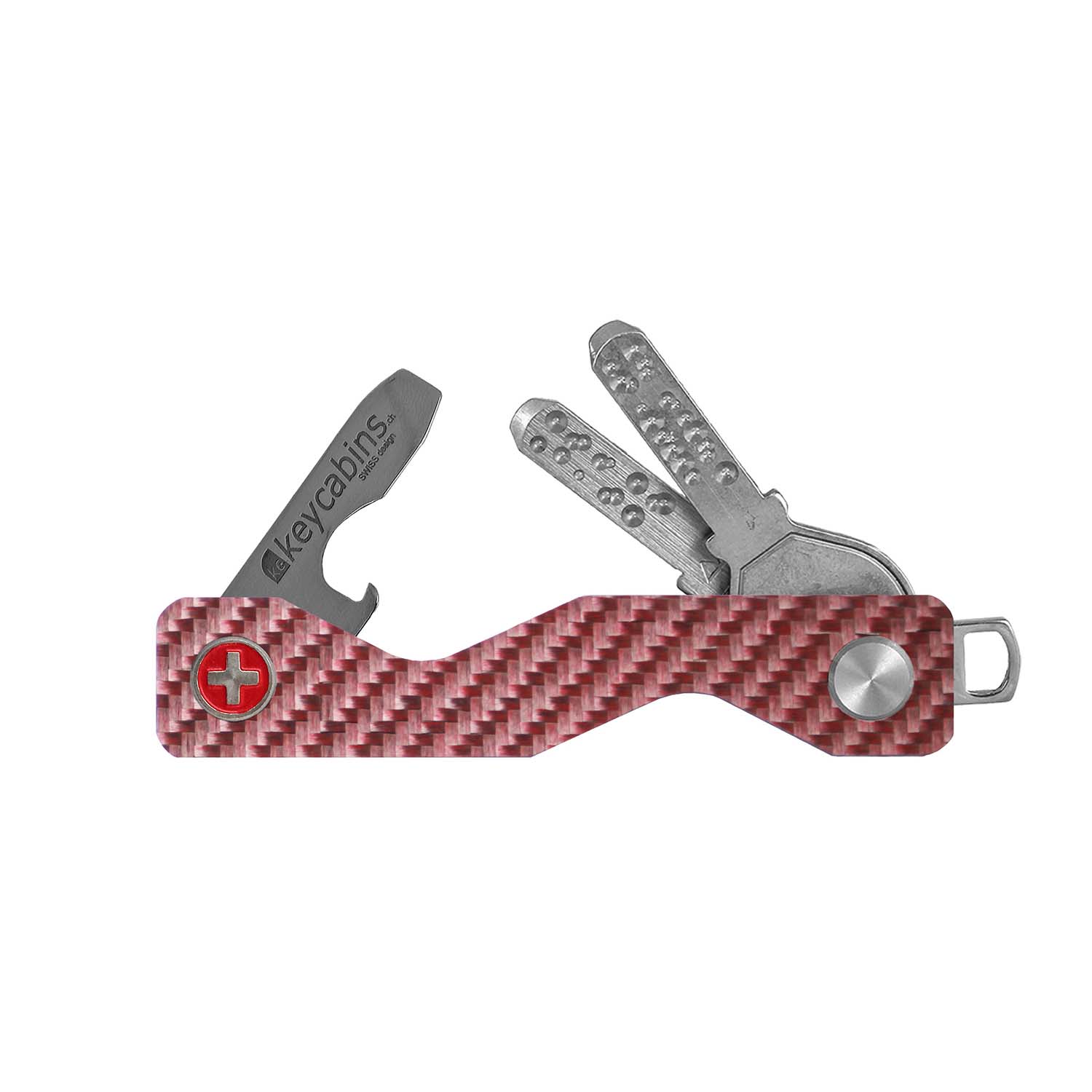 keycabins Carbon S3 pink, Swiss cross, front, key chain, key holder, key organizer, bottle opener, stainless steel, swiss made, upcycling, sustainability