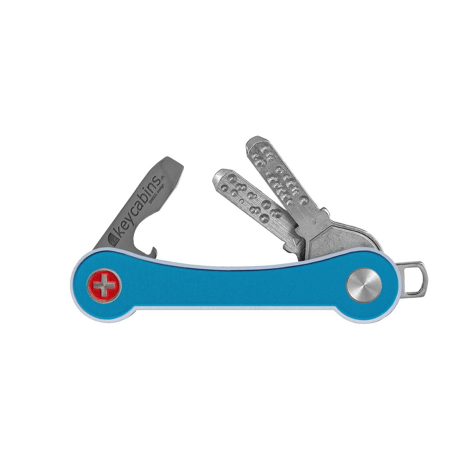 keycabins aluminium frame S1 blue, front with swiss cross, keychain, key holder, key organizer, bottle opener, stainless steel, swiss made, upcycling, sustainability