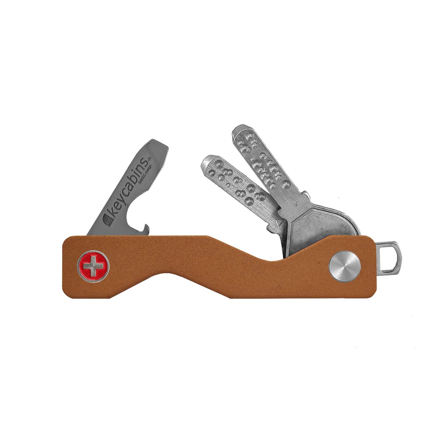 keycabins aluminium S3 sand coloured, front with swiss cross, keychain, key holder, key organizer, bottle opener, stainless steel, swiss made, upcycling, sustainability