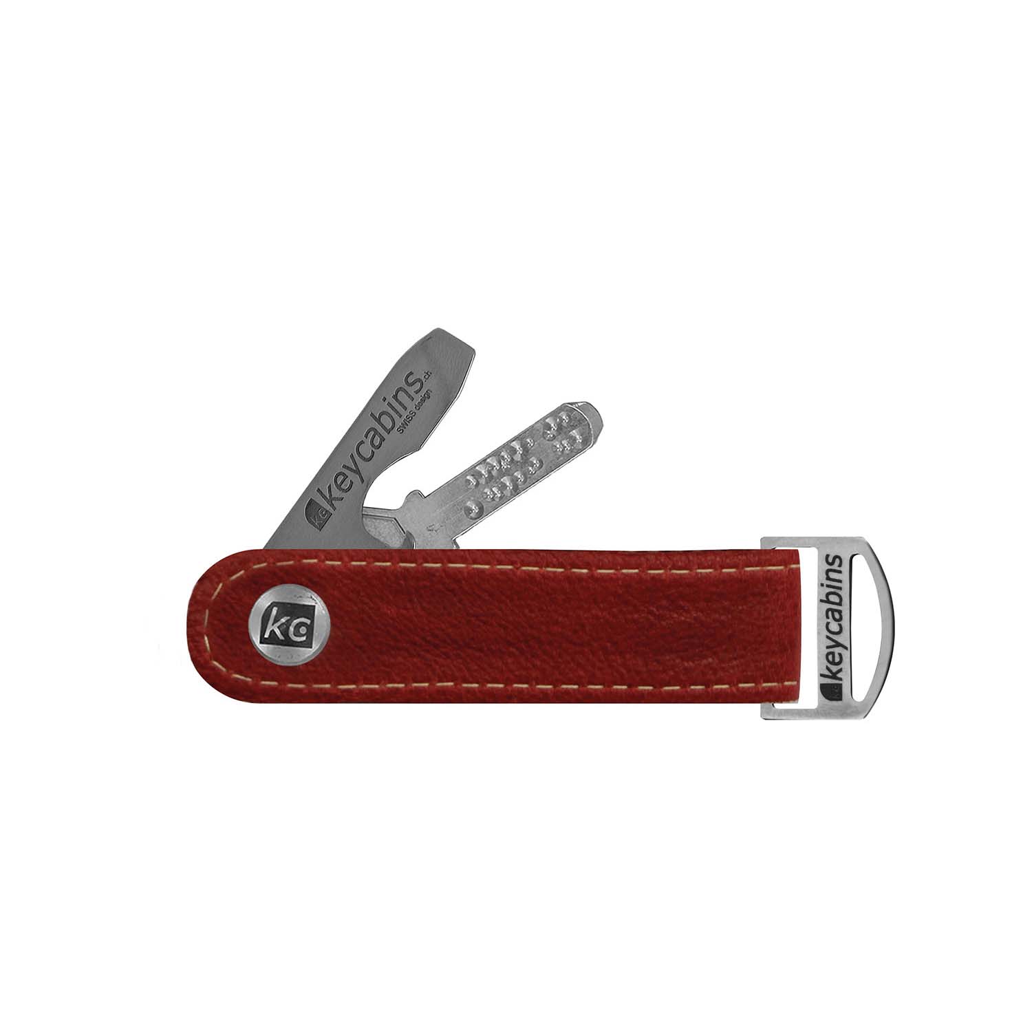 keycabins Leder Loop wein, Vorderseite, Schlüsselanhänger, Schlüsselhalter, Schlüsselorganisierer, Flaschenöffner, Edelstahl, swiss made, upcycling, Nachhaltigkeit