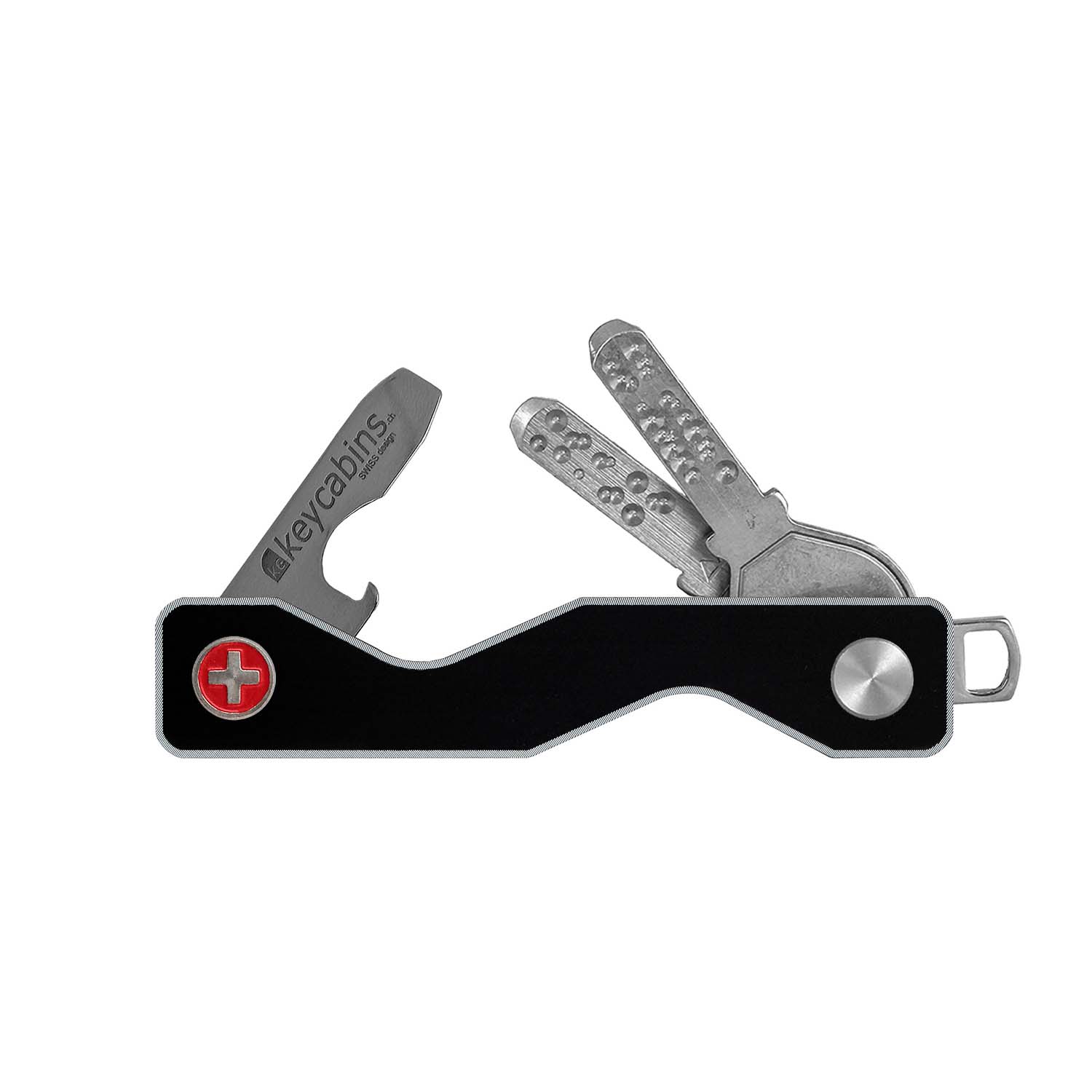 keycabins aluminium frame S3 black, front, swiss cross, key chain, key holder, key organizer, bottle opener, stainless steel, swiss made, upcycling, sustainability