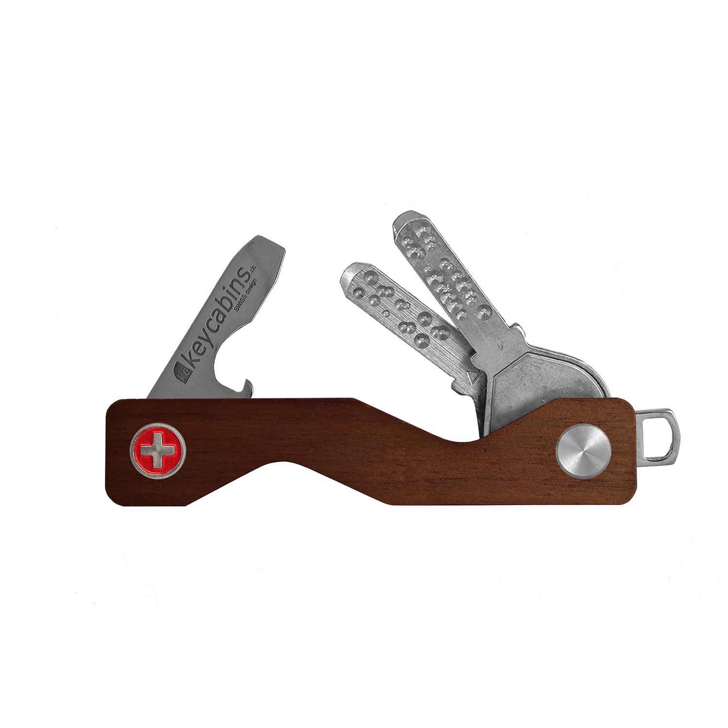 keycabins wood S3 walnut, Swiss cross, front, key ring, key holder, key organizer, bottle opener, stainless steel, swiss made, upcycling, sustainability