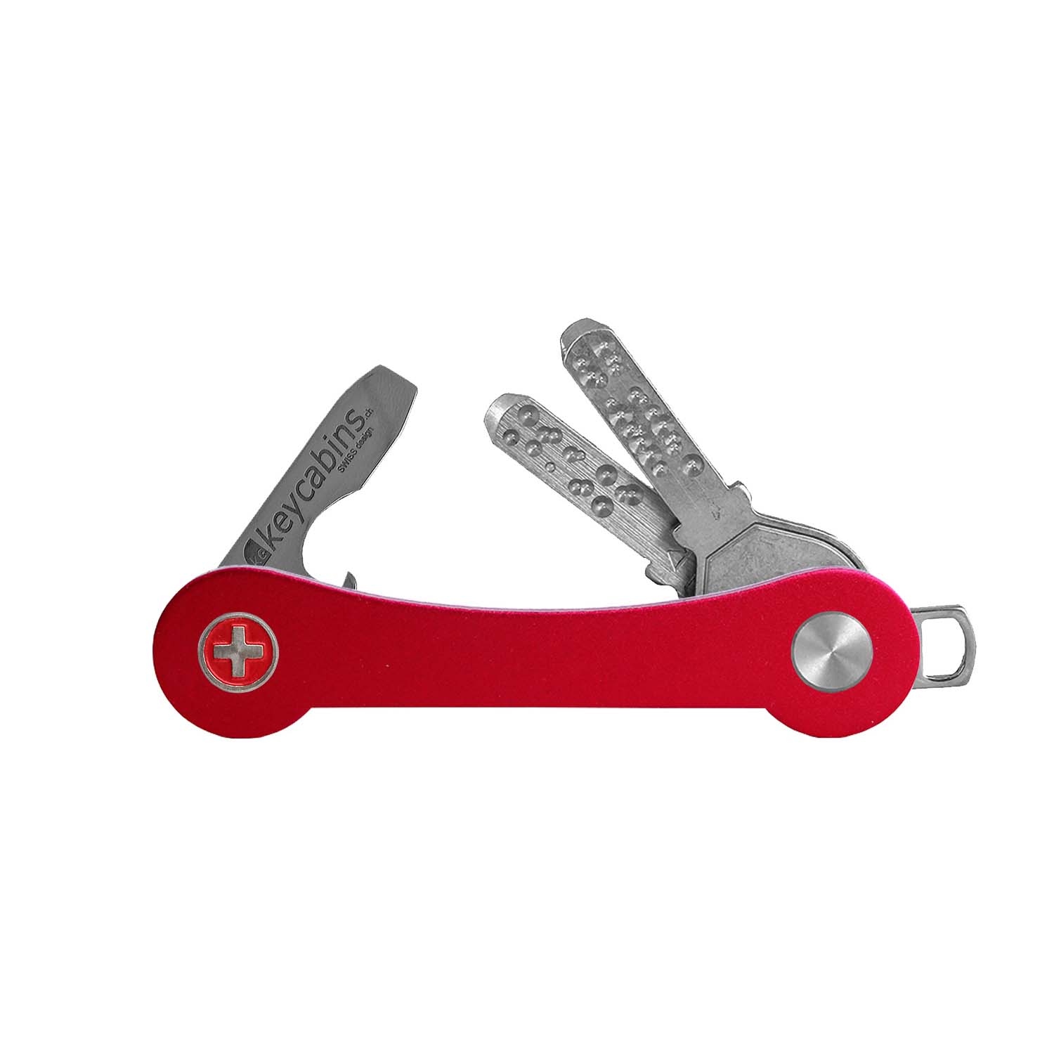 keycabins aluminium S1 red, front with Swiss cross, key ring, key holder, key organizer, bottle opener, stainless steel, swiss made, upcycling, sustainability