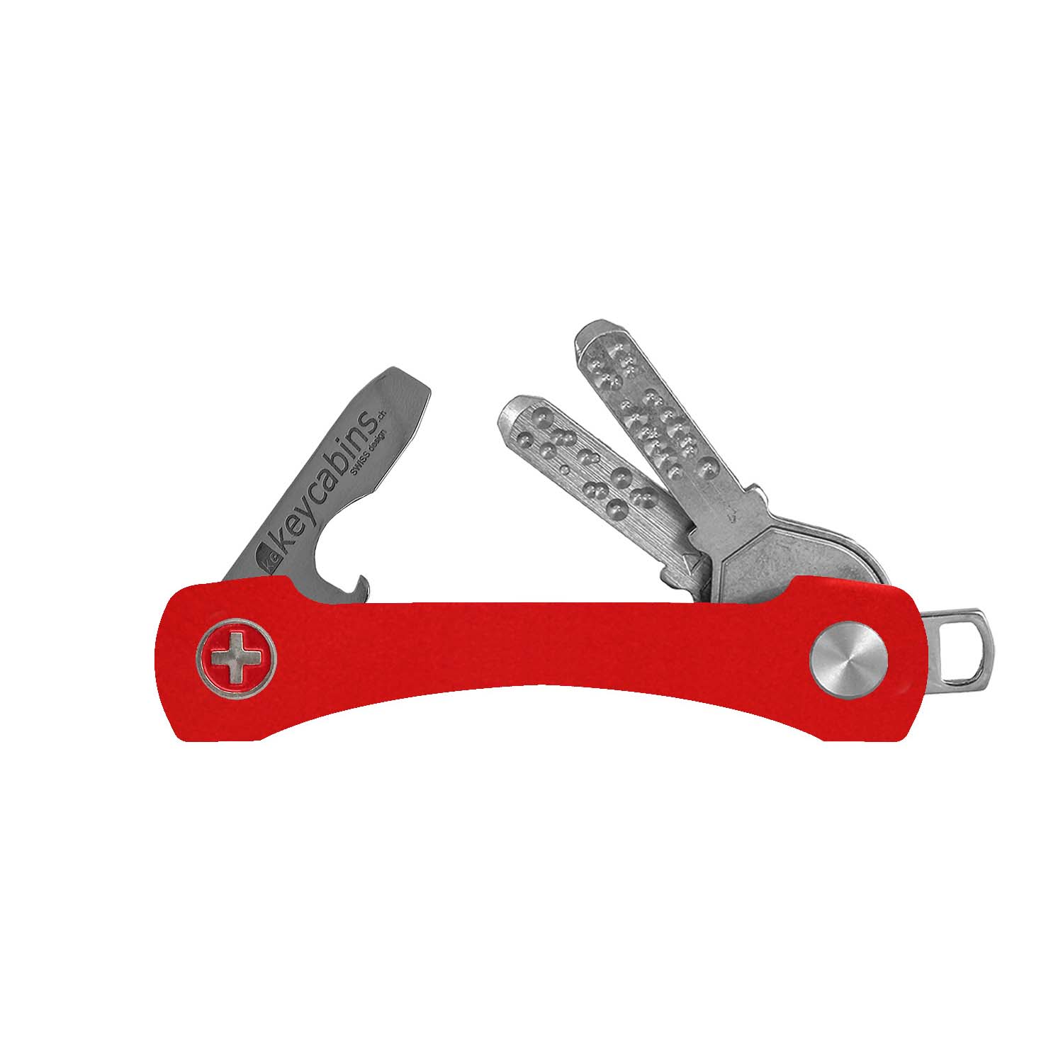 keycabins aluminium S2 red, front with Swiss cross, key ring, key holder, key organizer, bottle opener, stainless steel, swiss made, upcycling, sustainability