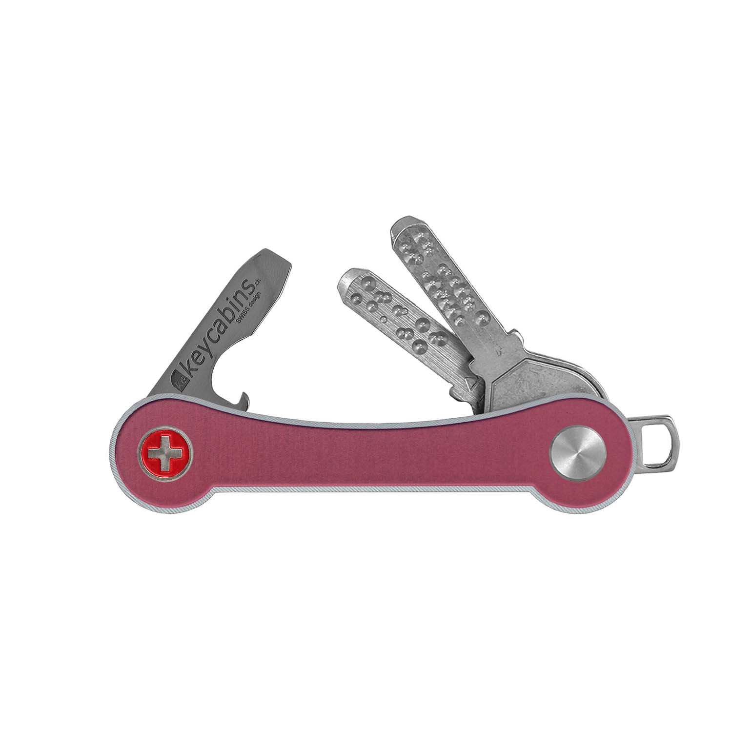 keycabins aluminium frame S1 pink, front with swiss cross, key chain, key holder, key organizer, bottle opener, stainless steel, swiss made, upcycling, sustainability