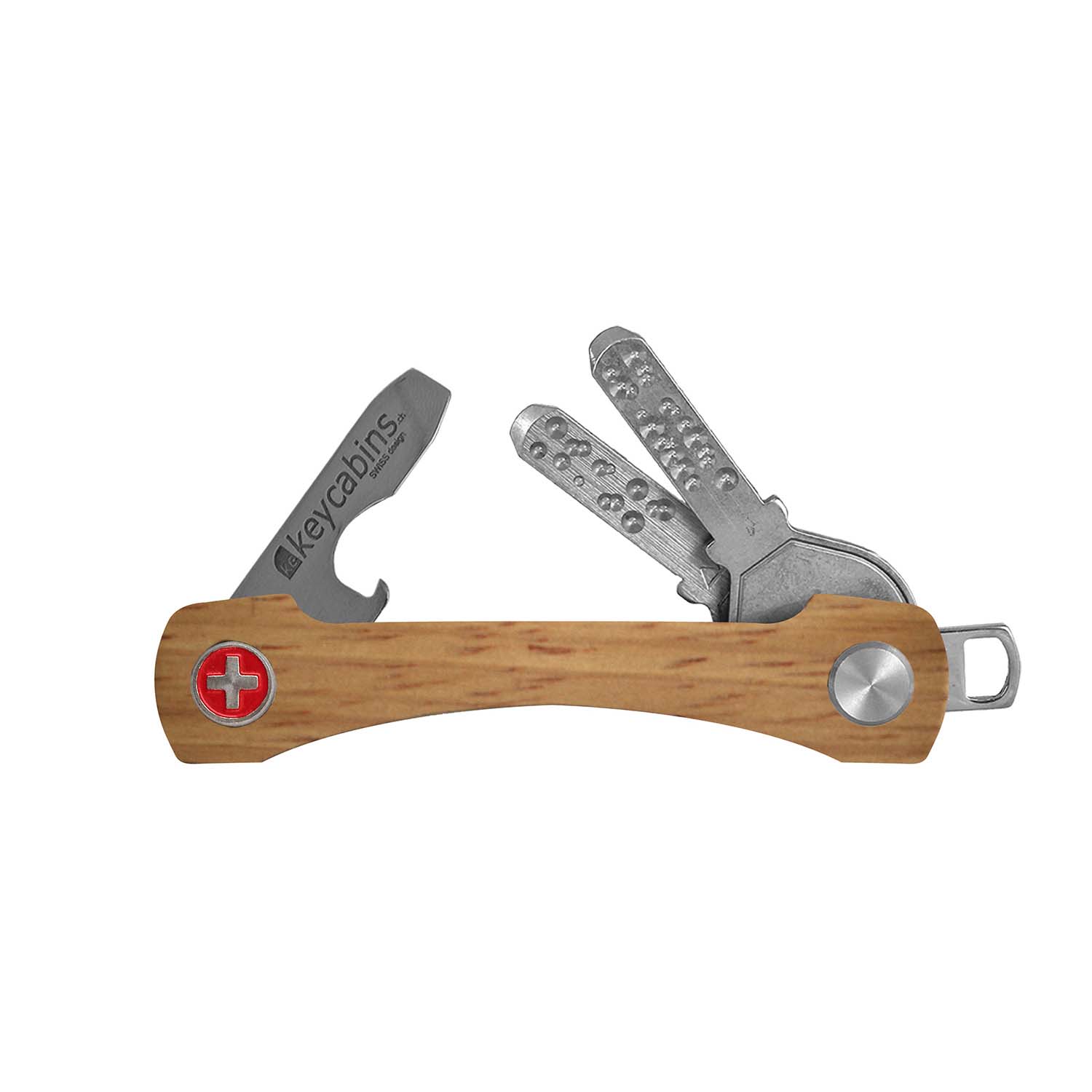 keycabins wood S2 oak, Swiss cross, front, key ring, key holder, key organizer, bottle opener, stainless steel, swiss made, upcycling, sustainability