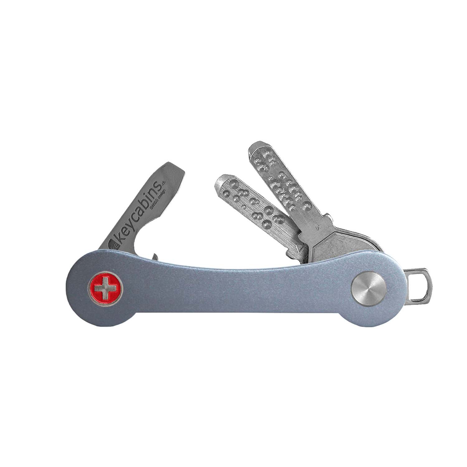 keycabins aluminium S1 grey, front with Swiss cross, key ring, key holder, key organizer, bottle opener, stainless steel, swiss made, upcycling, sustainability