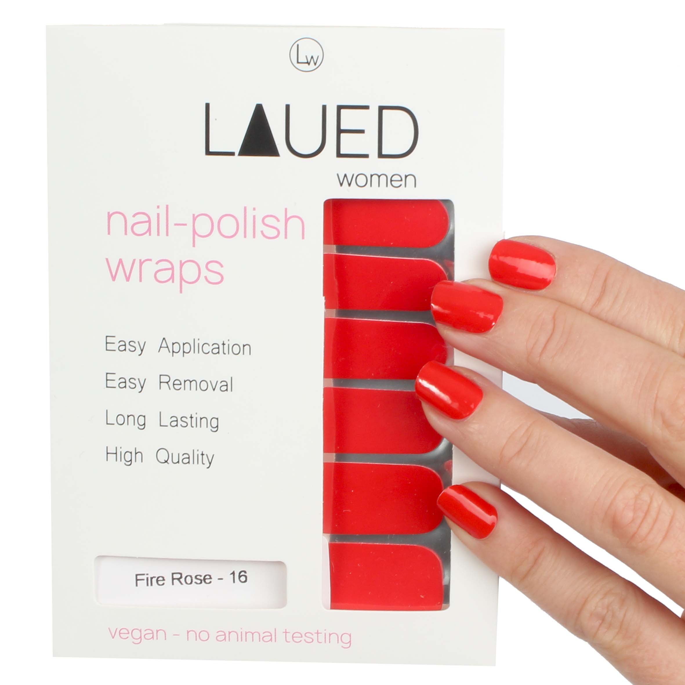 Laued nail wraps red fire rose packaging