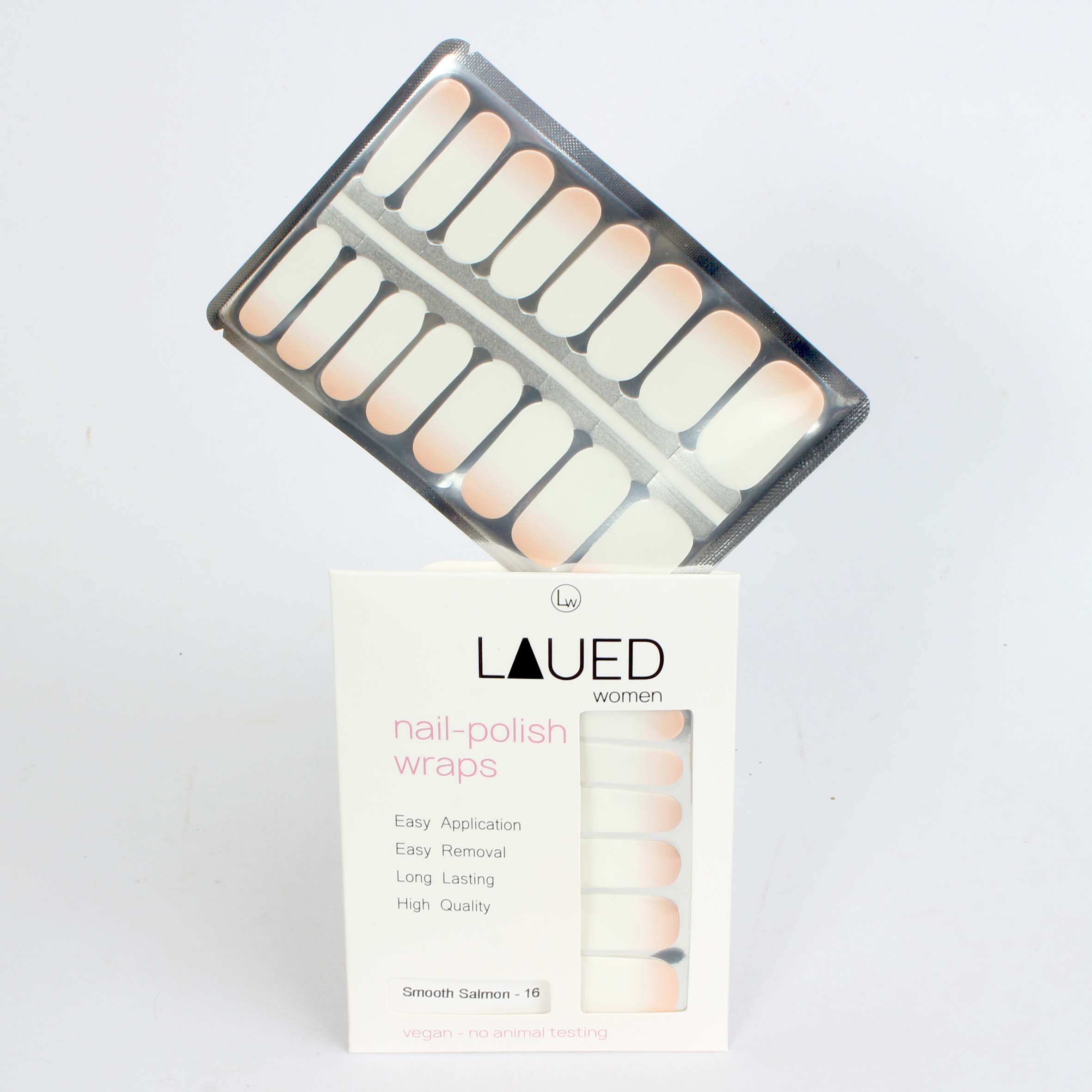 Laued nail wraps statement smooth salmon packaging