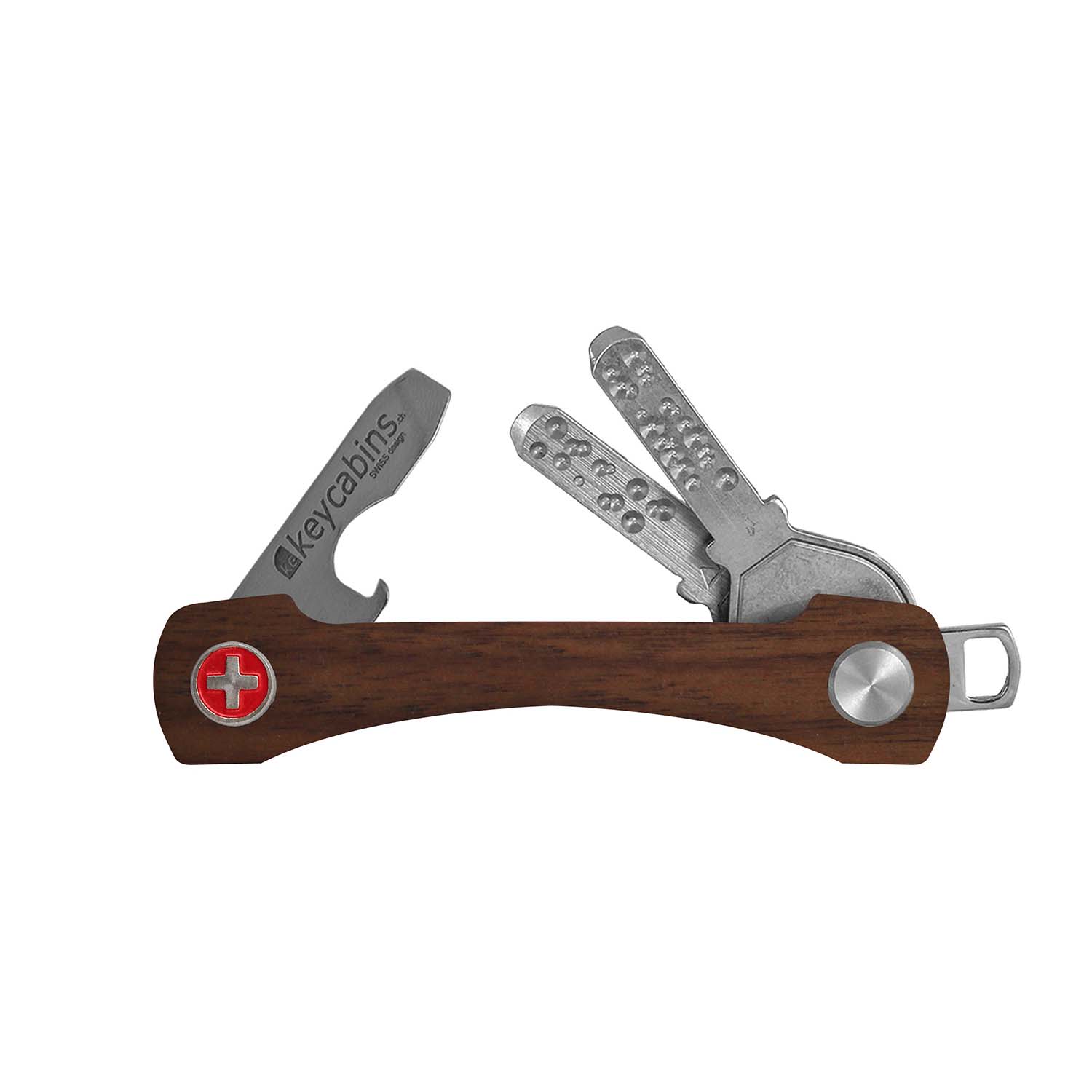 keycabins wood S2 walnut, Swiss cross, front, key ring, key holder, key organizer, bottle opener, stainless steel, swiss made, upcycling, sustainability