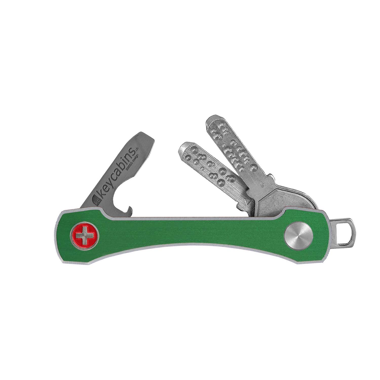 keycabins aluminium frame S2 green, front, swiss cross, key chain, key holder, key organizer, bottle opener, stainless steel, swiss made, upcycling, sustainability