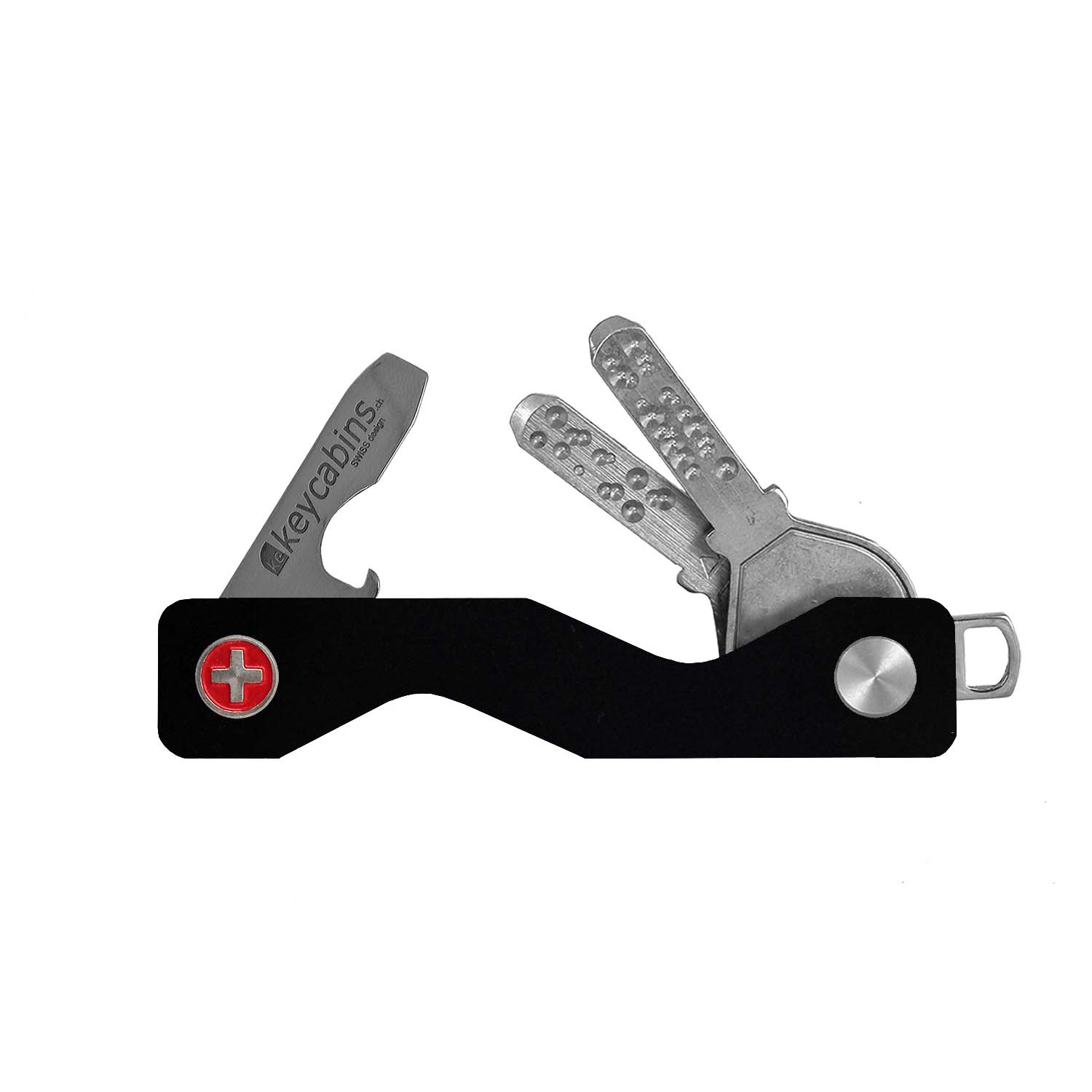 keycabins aluminium S3 black, front with Swiss cross, key ring, key holder, key organizer, bottle opener, stainless steel, swiss made, upcycling, sustainability