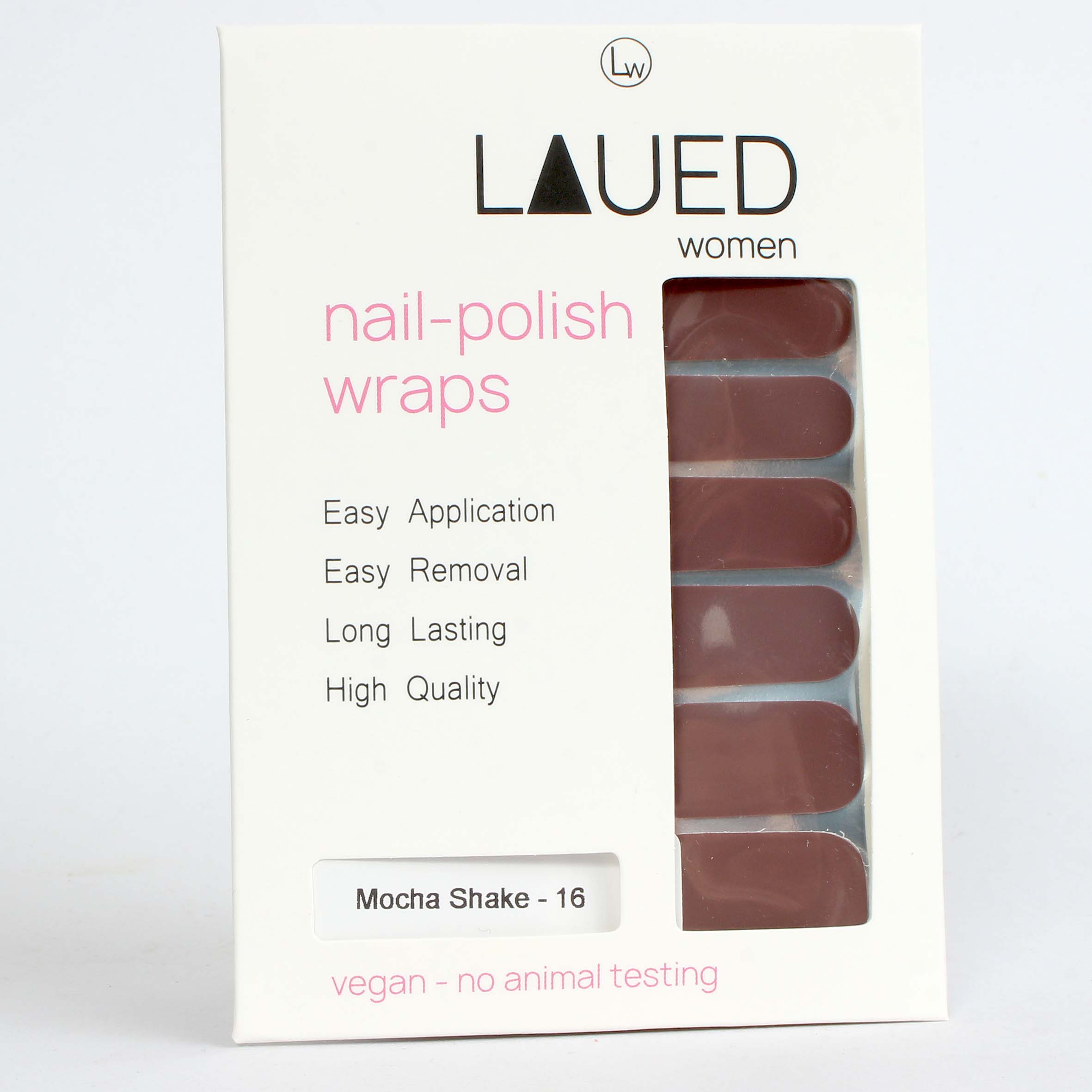 Laued nail wraps brown mocha shake packaging