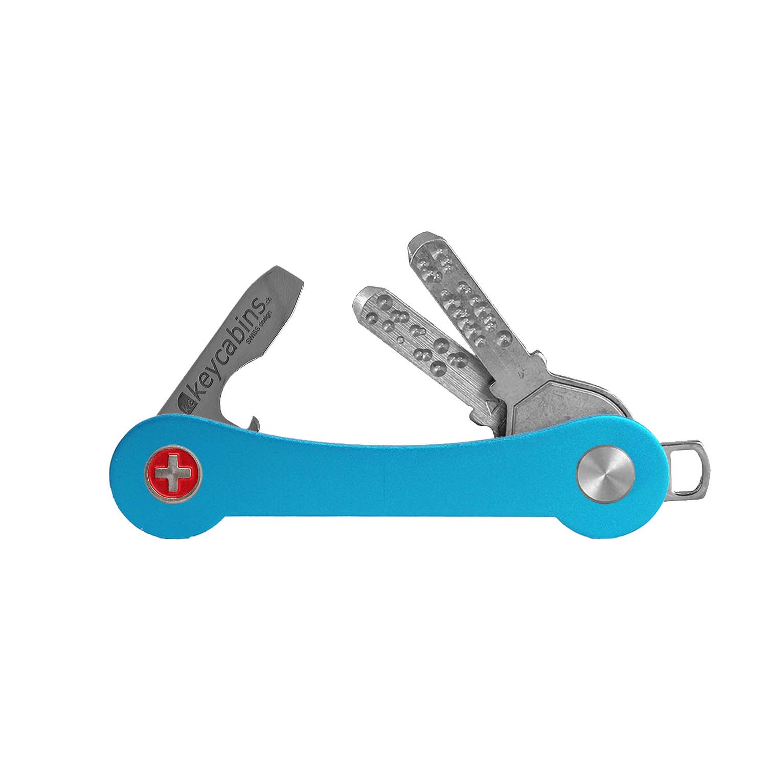 keycabins aluminium S1 light blue, front with swiss cross, keychain, key holder, key organizer, bottle opener, stainless steel, swiss made