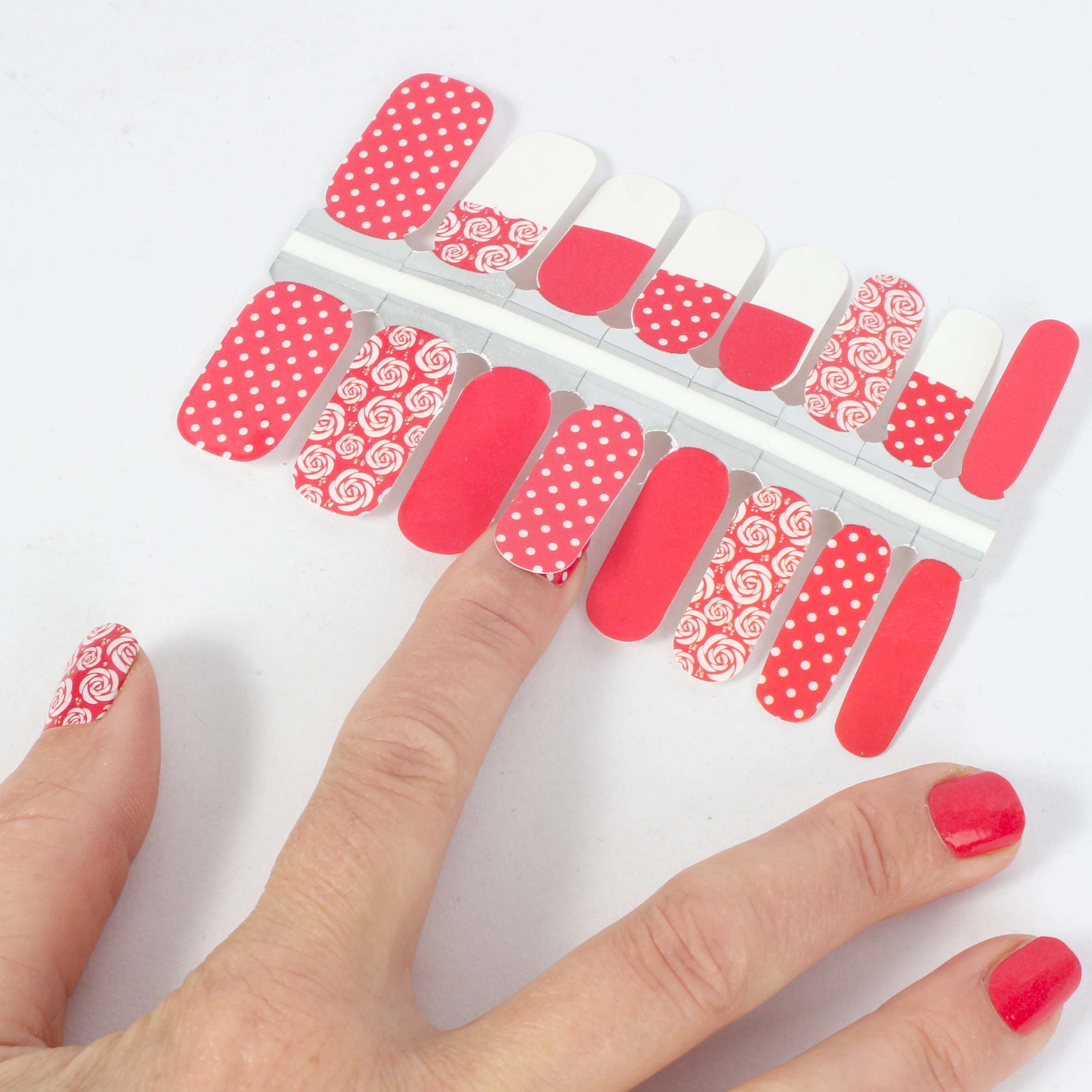 Laued fingernail wraps red lipstick kiss instructions