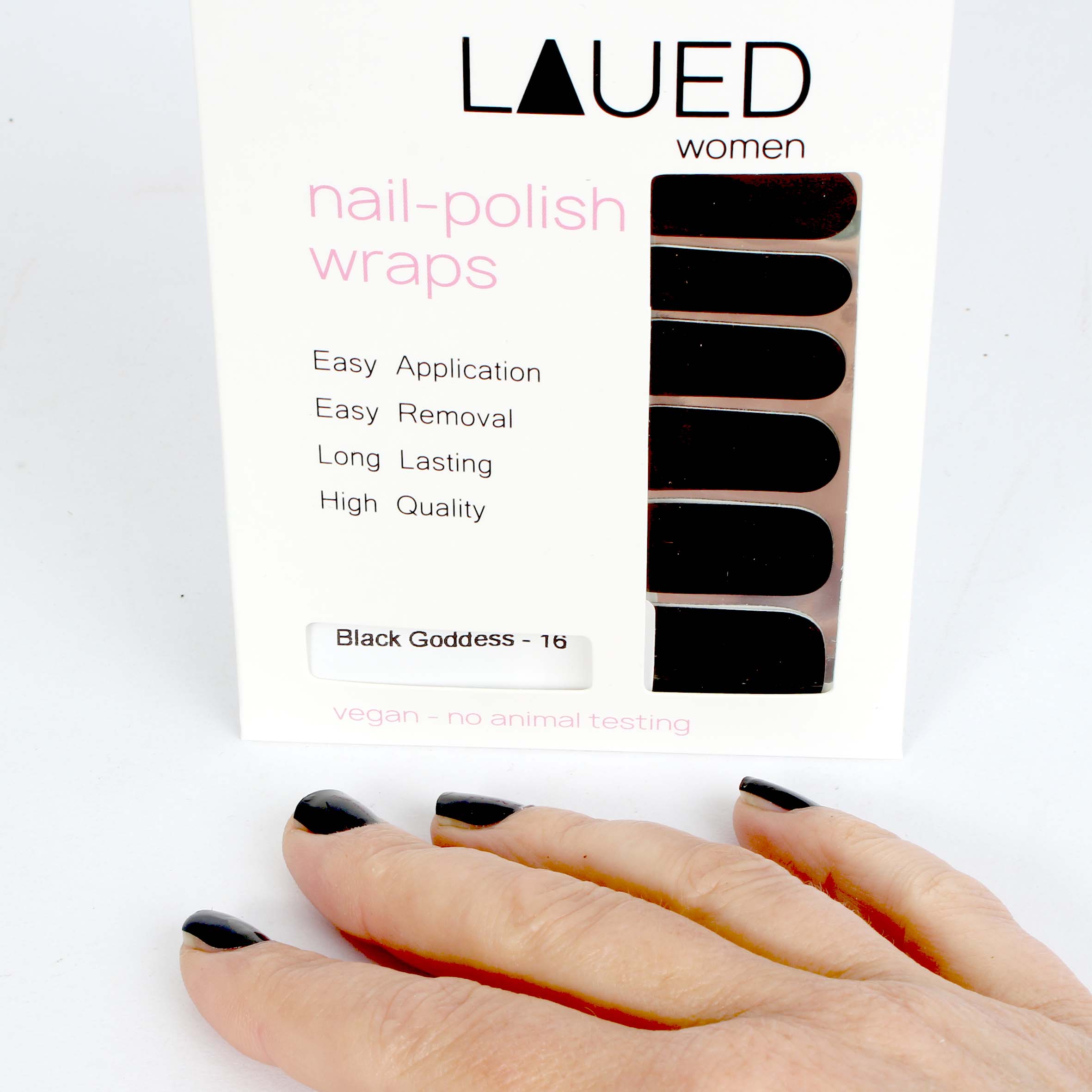 Laued nail wraps statement black goddess packaging