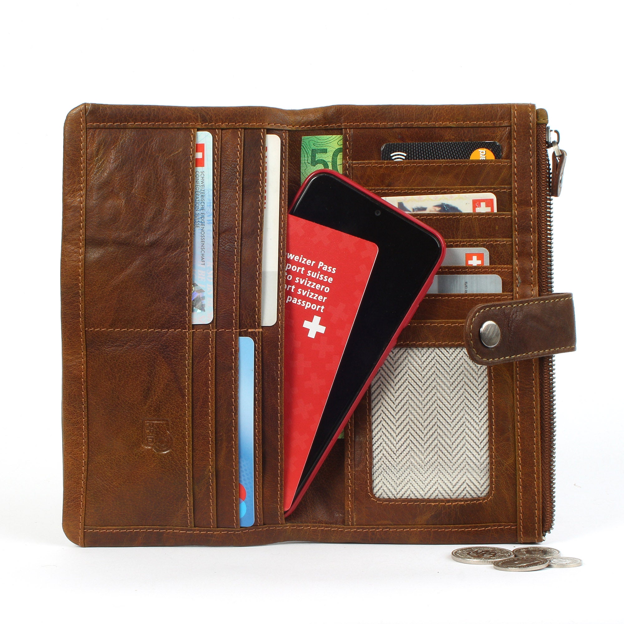 Margelisch New York 2 sustainable RFID travel leather wallet open with passport and mobilephone