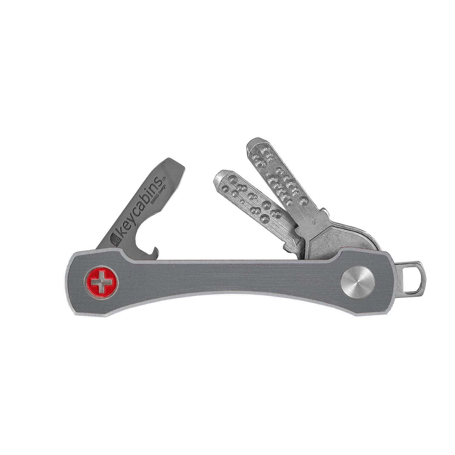 keycabins aluminium frame S2 grey, front, swiss cross, key chain, key holder, key organizer, bottle opener, stainless steel, swiss made, upcycling, sustainability