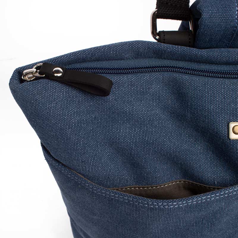 Margelisch Amini 1 nachhaltiger Damenrucksack Canvas Denim Detail mit pflanzlich gegerbtem Leder