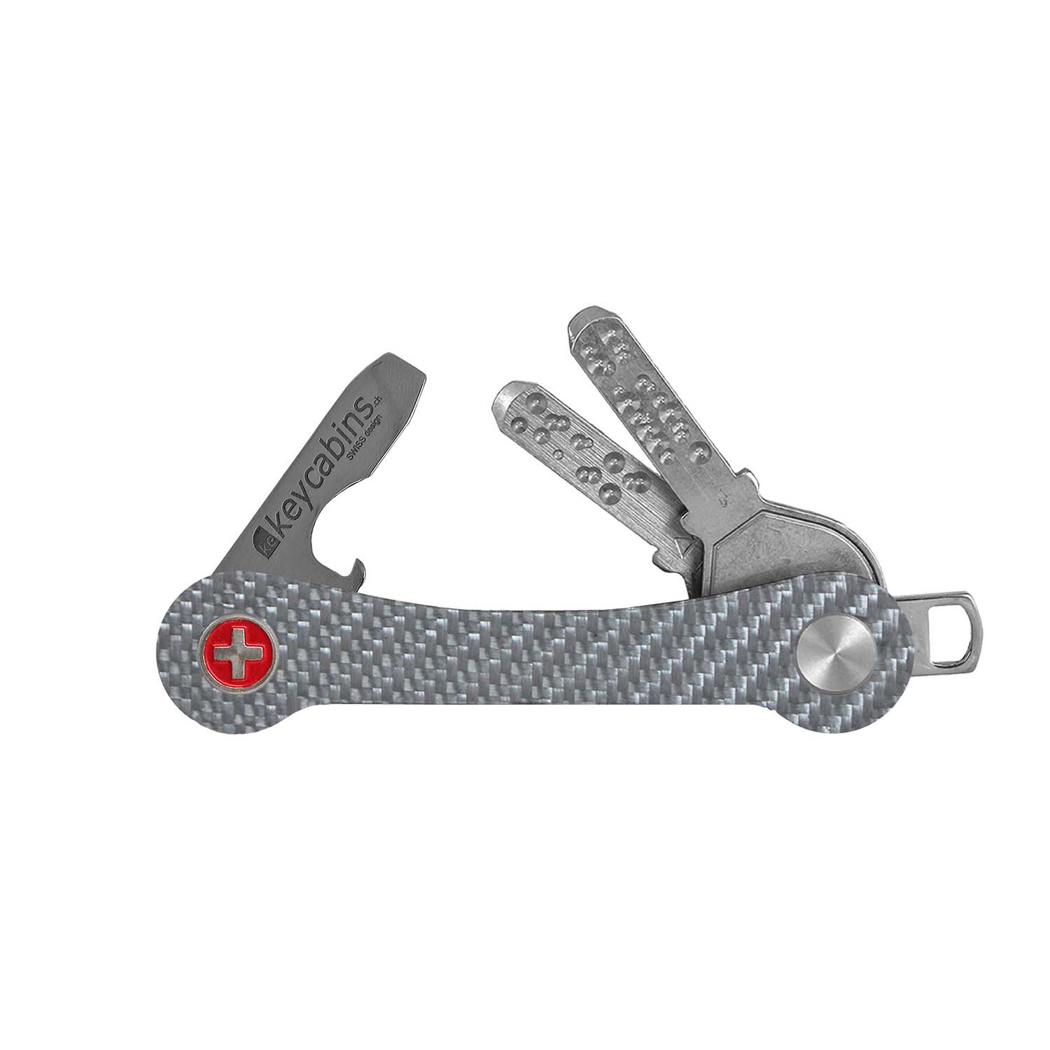 keycabins Carbon S1 silver, Swiss cross, front, key chain, key holder, key organizer, bottle opener, stainless steel, swiss made, upcycling, sustainability