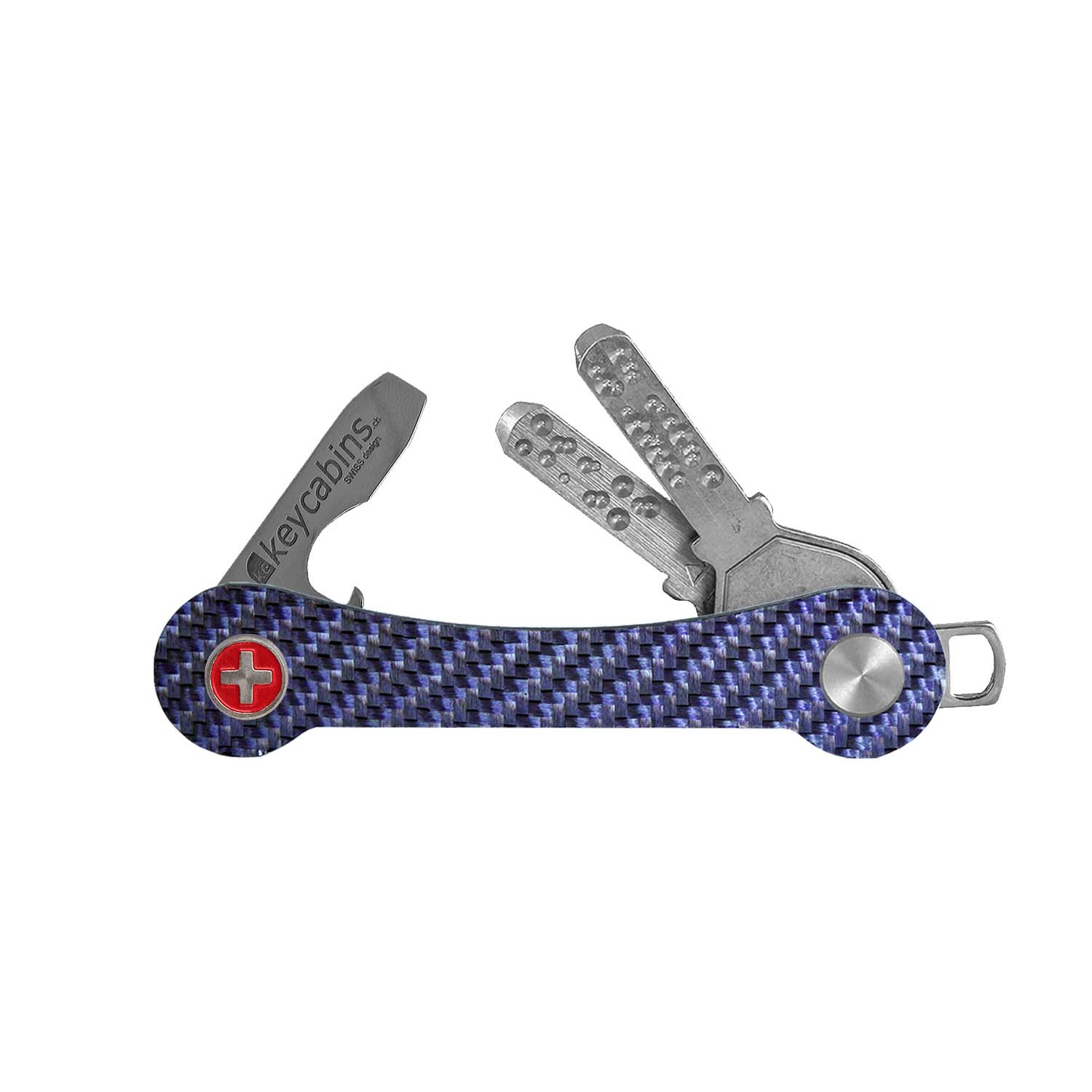 keycabins Carbon S1 violet, Swiss cross, front, key chain, key holder, key organizer, bottle opener, stainless steel, swiss made, upcycling, sustainability