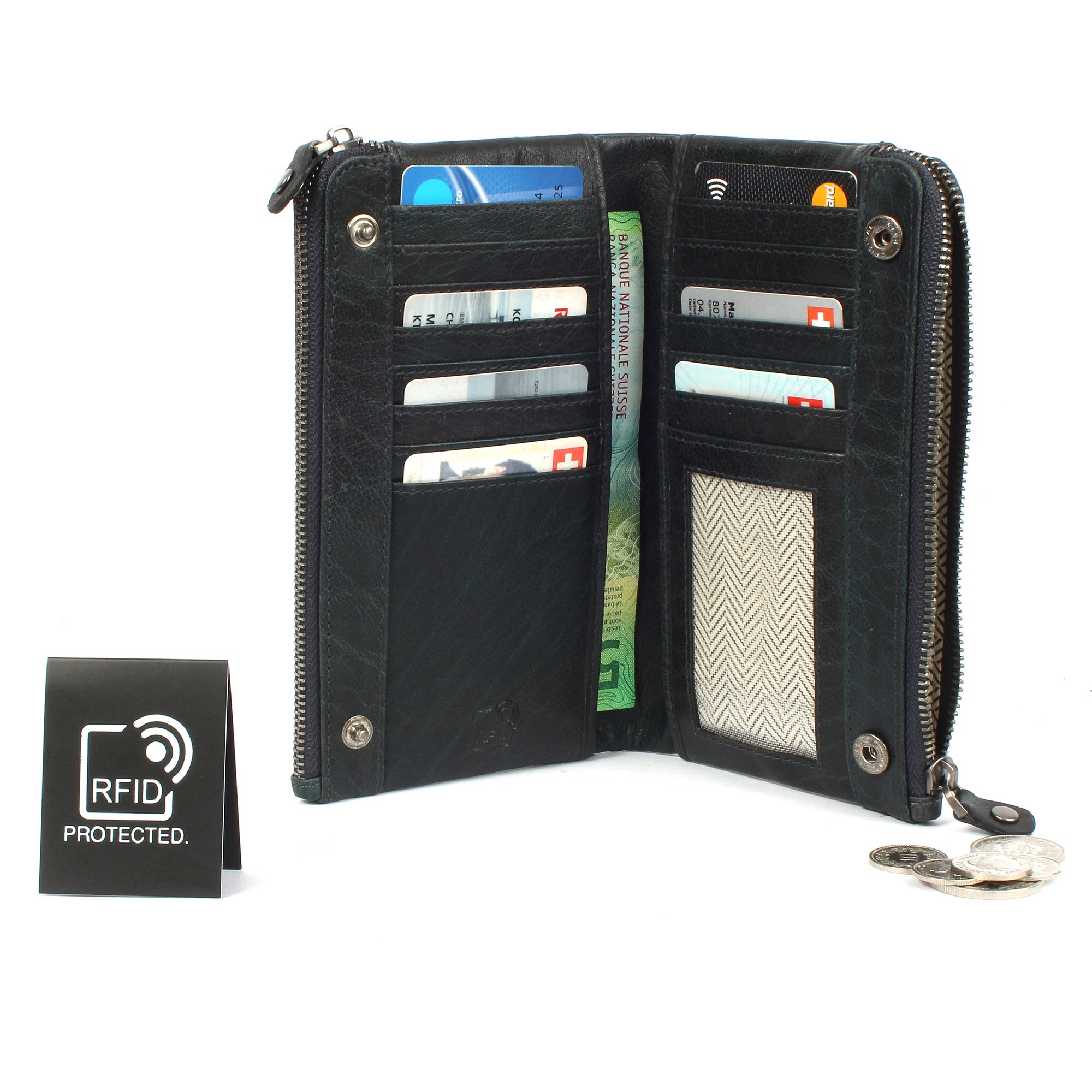 Margelisch London 2 sustainable RFID leather wallet inside with cards coins and bills