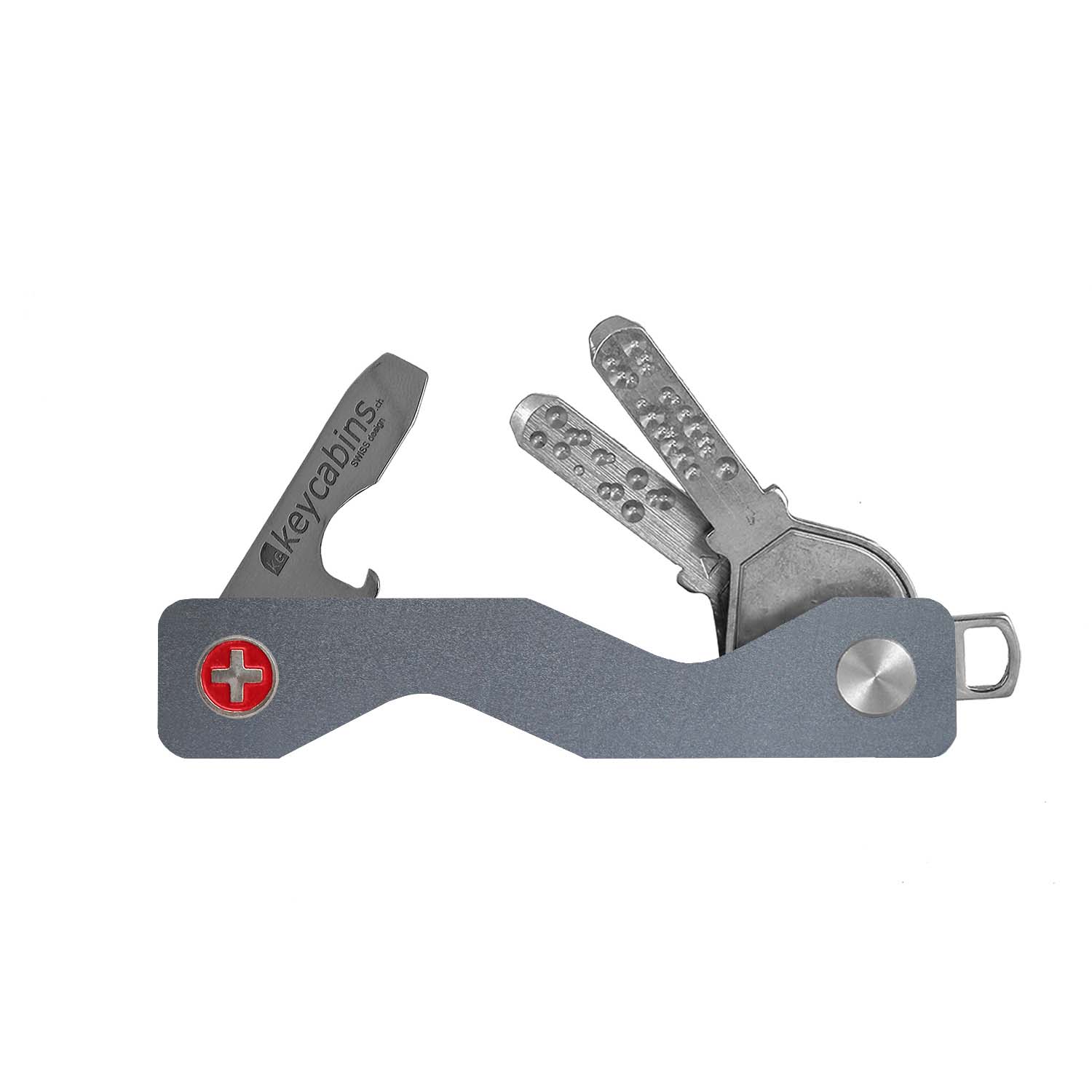 keycabins aluminium S3 grey, front with Swiss cross, key ring, key holder, key organizer, bottle opener, stainless steel, swiss made, upcycling, sustainability