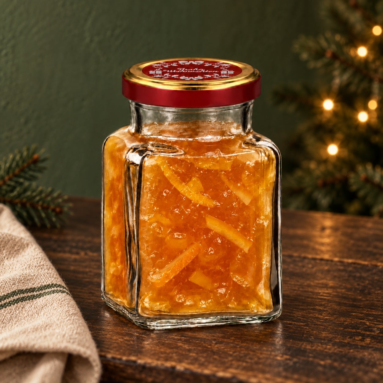 Weihnachtsglas mit rotgoldenem graviertem Deckel Frohe Weihnachten
