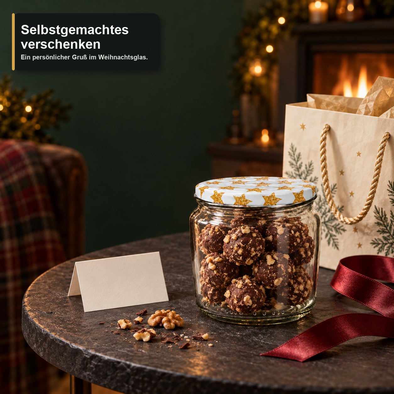 Glas mit Weihnachtsmotivdeckel – Sterne360, Einmachglas, Glasbehälter, Schokoladenkugeln, Walnussstücke, Sternenmuster