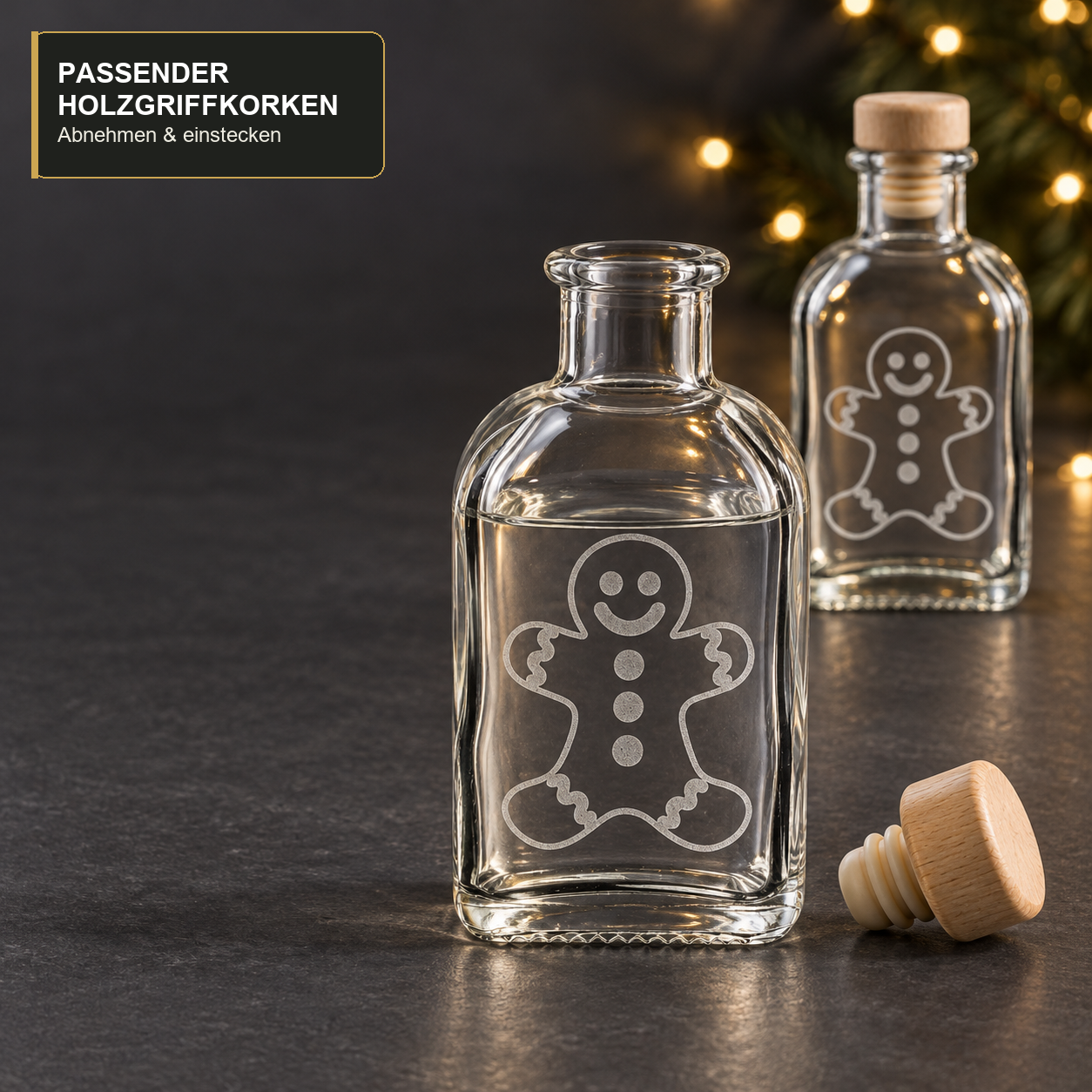 ApothekerQuadrat100 ml · Verschlussdetail, Glasflasche, Holz Stopfen, Weihnachtsdesign, Gingerbread, Küche Dekor