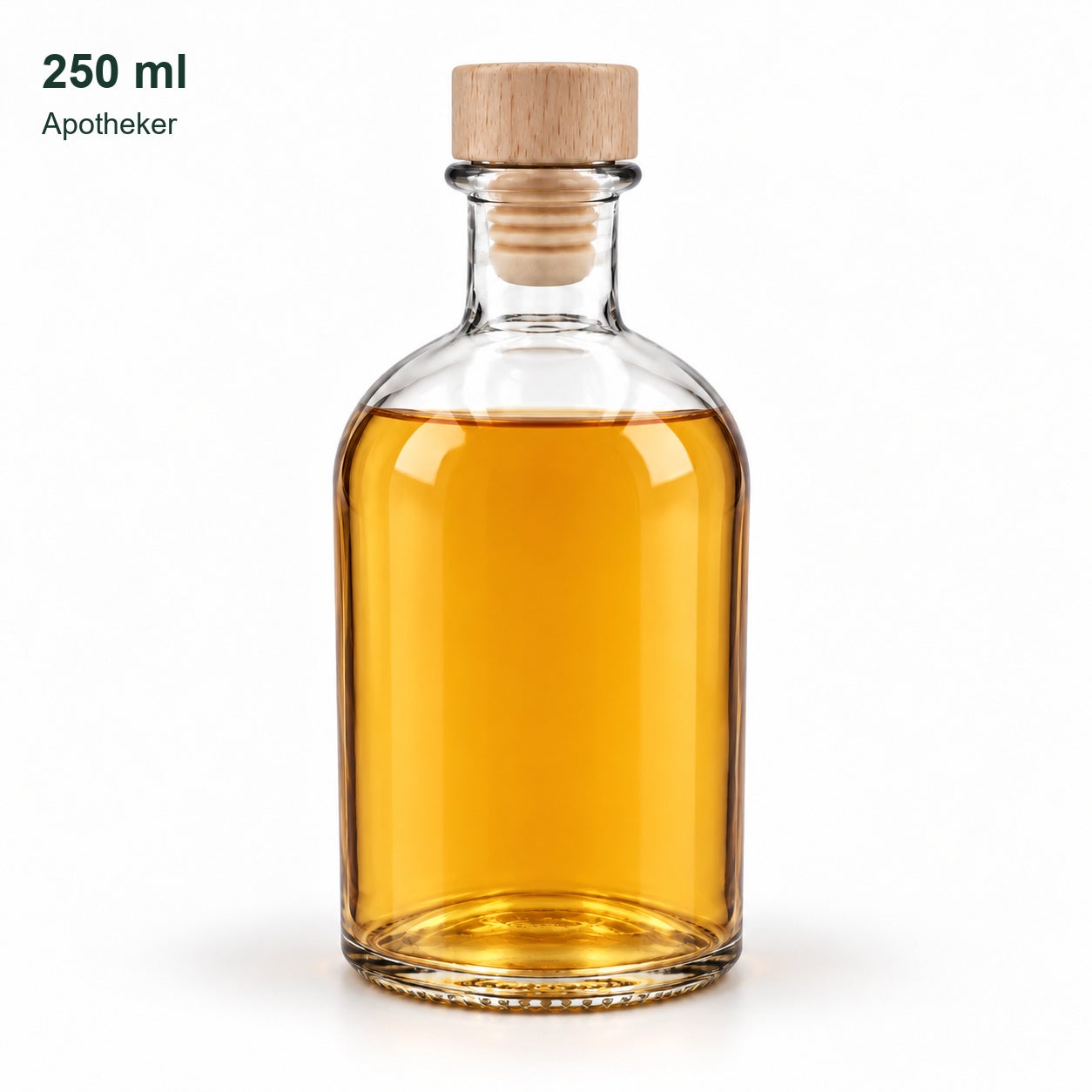 Apotheker 250 ml gefüllt vor weißem Hintergrund mit neutraler seitlicher Verschlussansicht., Flasche, Honigfarbe, Glasflasche, Korkverschluss, 250 ml