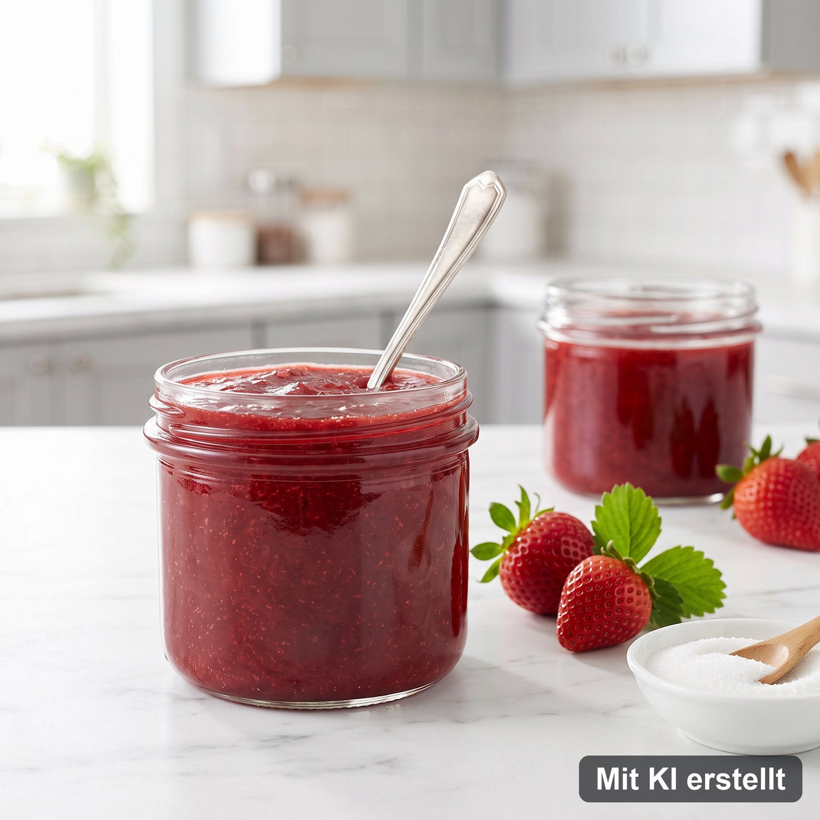 Erdbeermarmelade im Einmachglas – mit KI erstellt