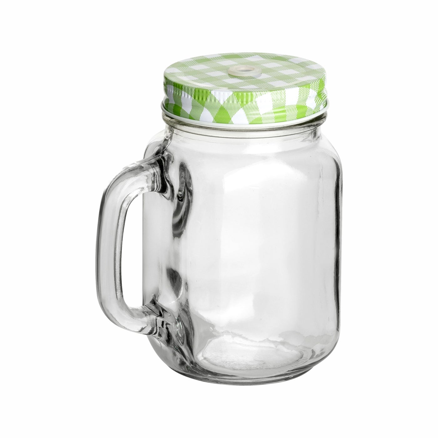 450 ml Trinkglas mit Henkel mit Verschluss SV 70 Trinkhalmdeckel Grün Kariert und Strohhalm Einmachglas, Flasche, Shaker