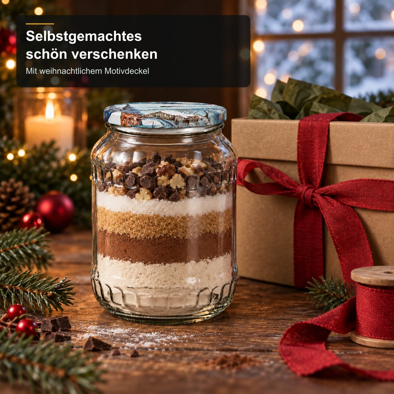 Glas mit Weihnachtsmotivdeckel – Winter720, Einmachglas, Backmischung im Glas, Glasbehälter, Weihnachtsdeckel, Schichtzutaten